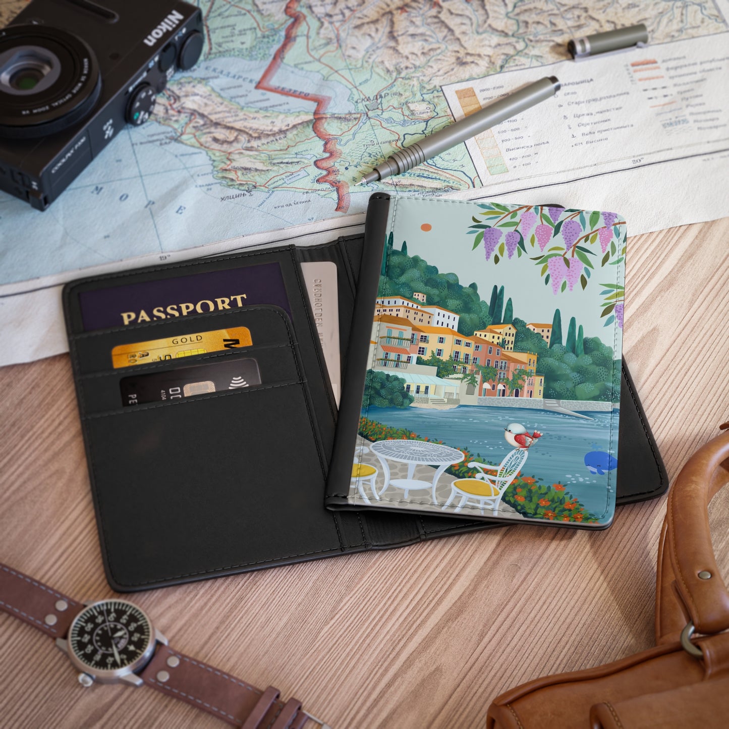 Italian Lakeside Passport Cover — Scenic Villa Travel Document Holder