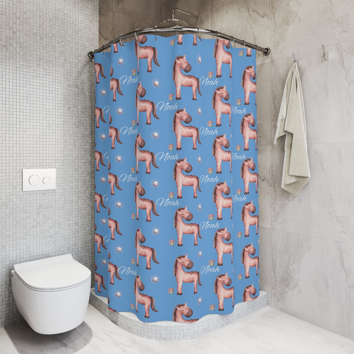 Shower Curtain — Personalized Pink Pony Pattern with Name (Noah)