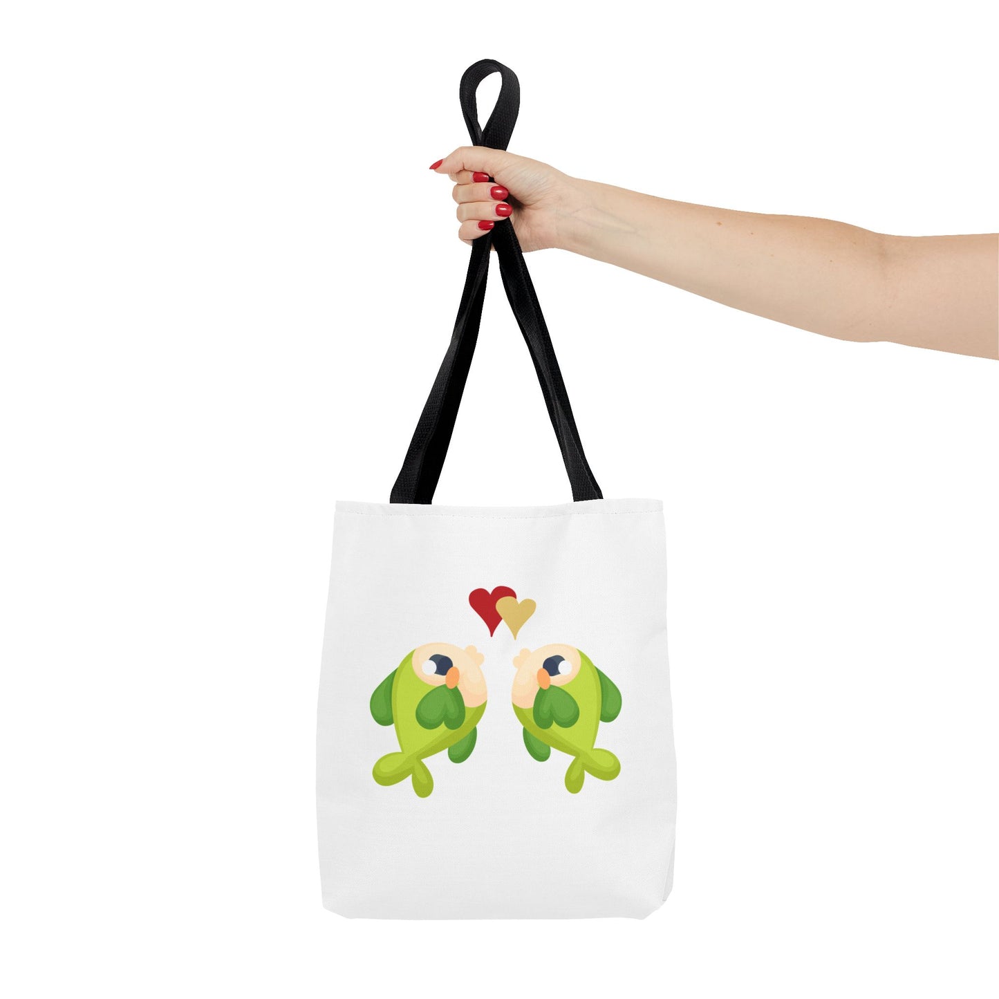 Two hearts float between the fish one red and one yellow. Tote Bag