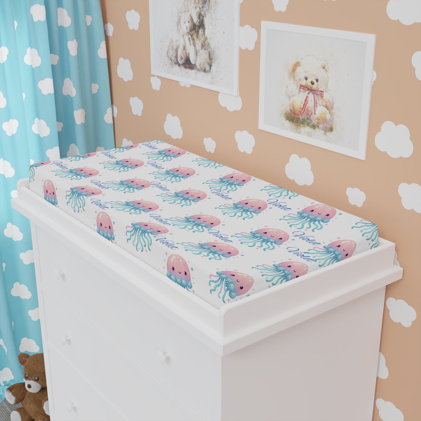 Pink Jellyfish Baby Changing Pad Cover – Marine Nursery Waterproof Crib Mattress Protector