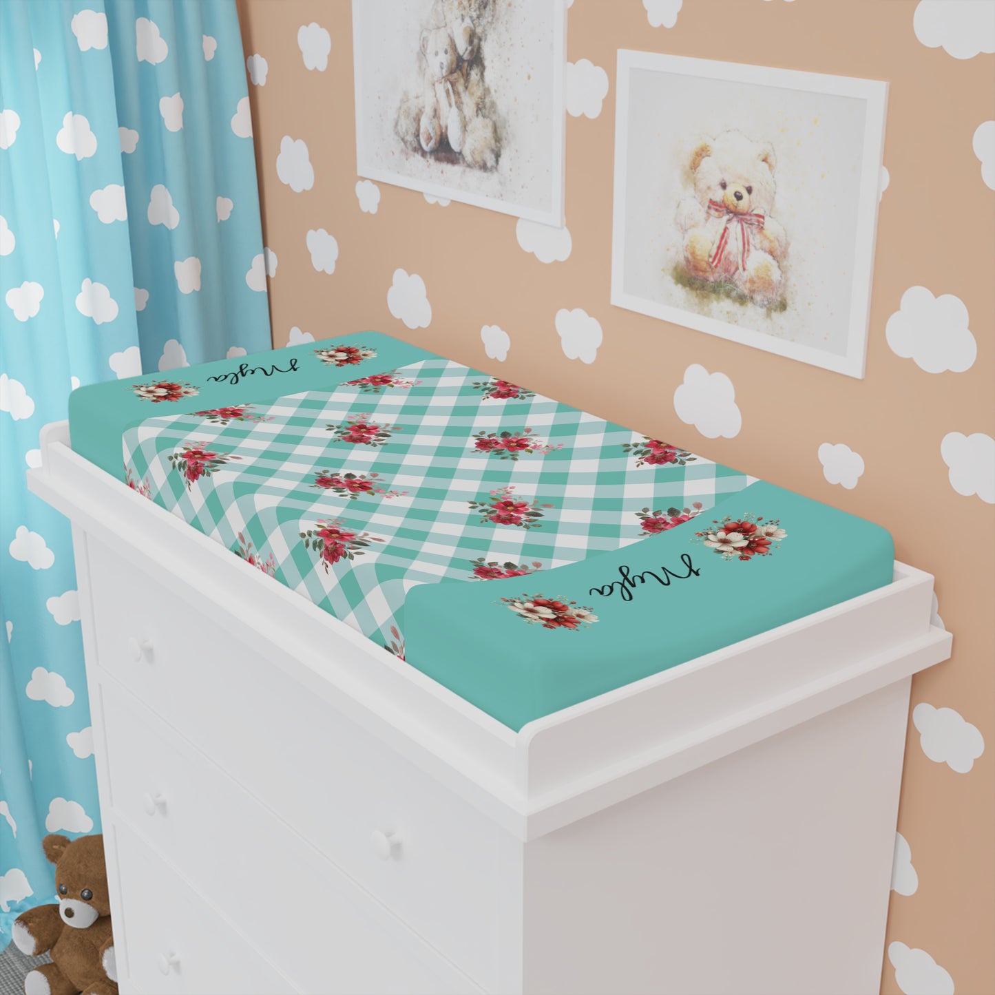 Aqua Gingham Floral Baby Changing Pad Cover — Personalized Name Option
