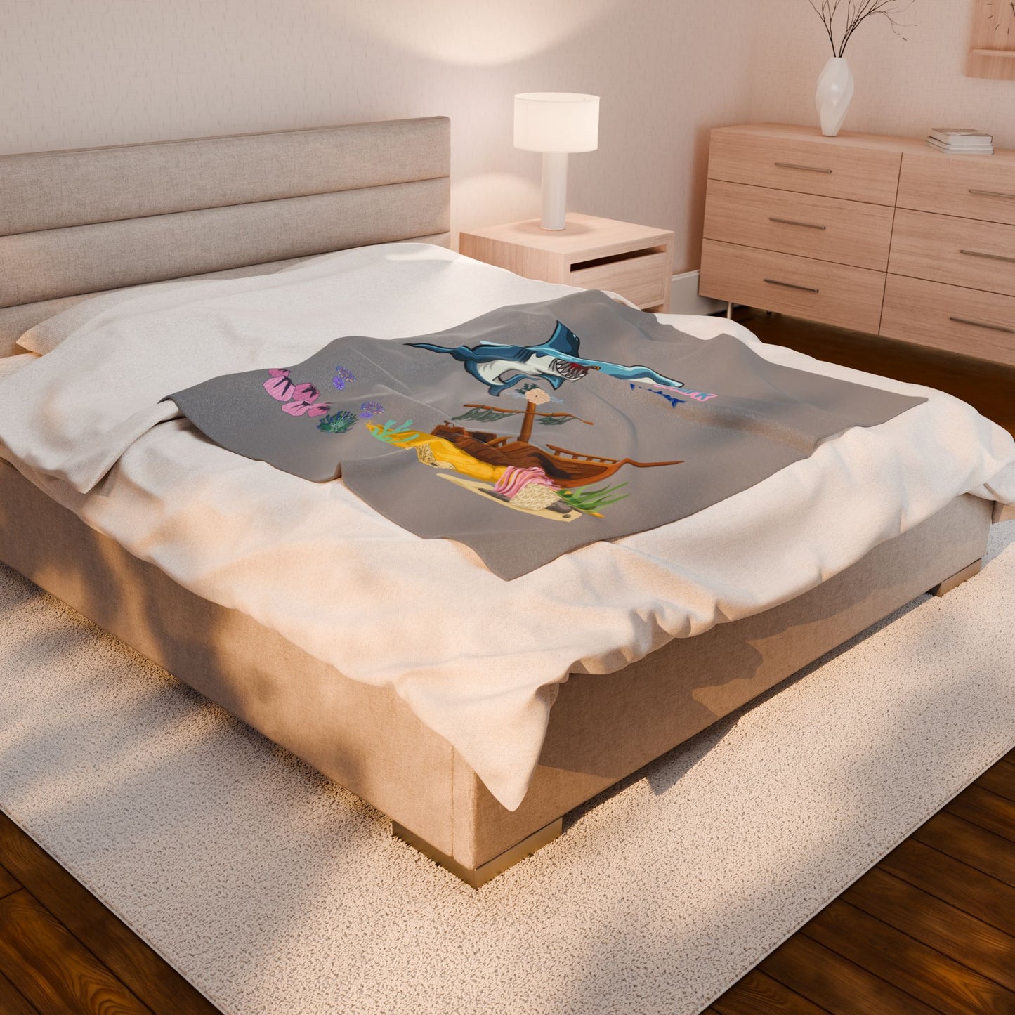 Shark ship colorful coral reef Velveteen Plush Blanket
