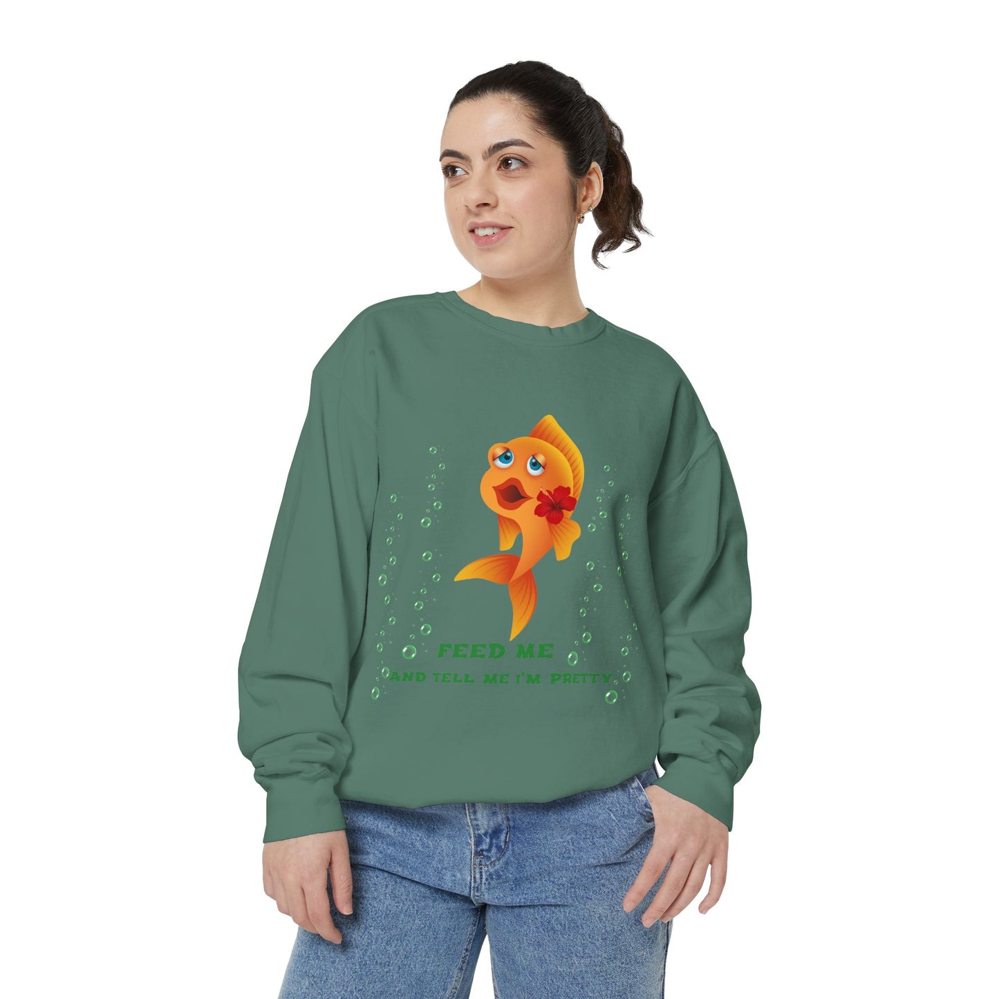 Cartoon goldfish with red lips and flower Unisex Garment-Dyed Sweatshirt