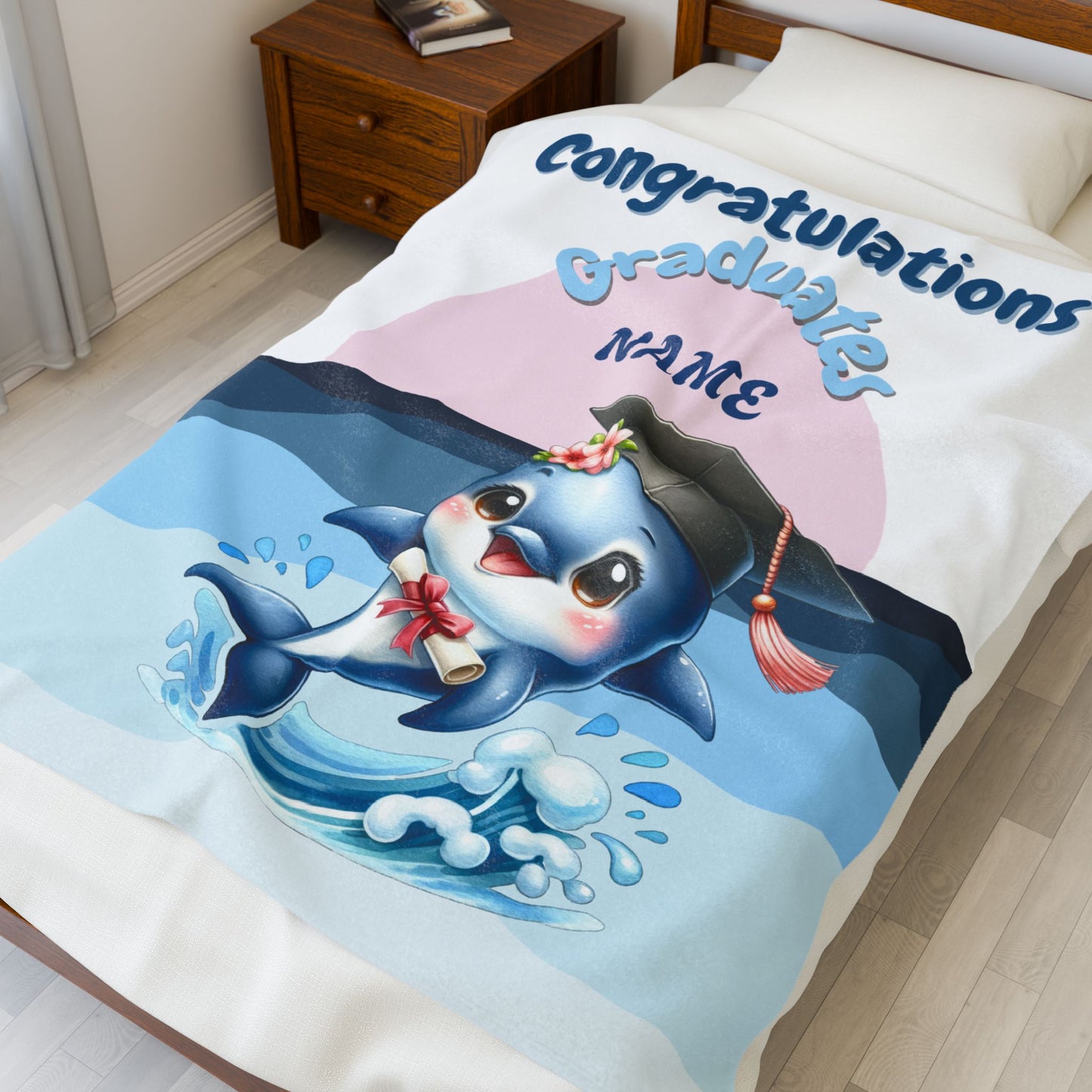 Personalized Graduation Dolphin Plush Blanket, Soft Velveteen Throw, Gift for Graduates, Kids Dorm Decor, Beach Vibes Blanket