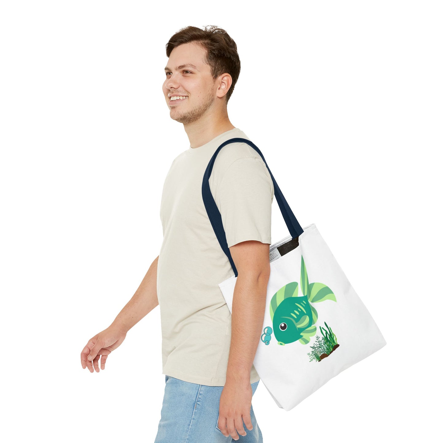 Green fish with bubbles and aquatic plants Tote Bag