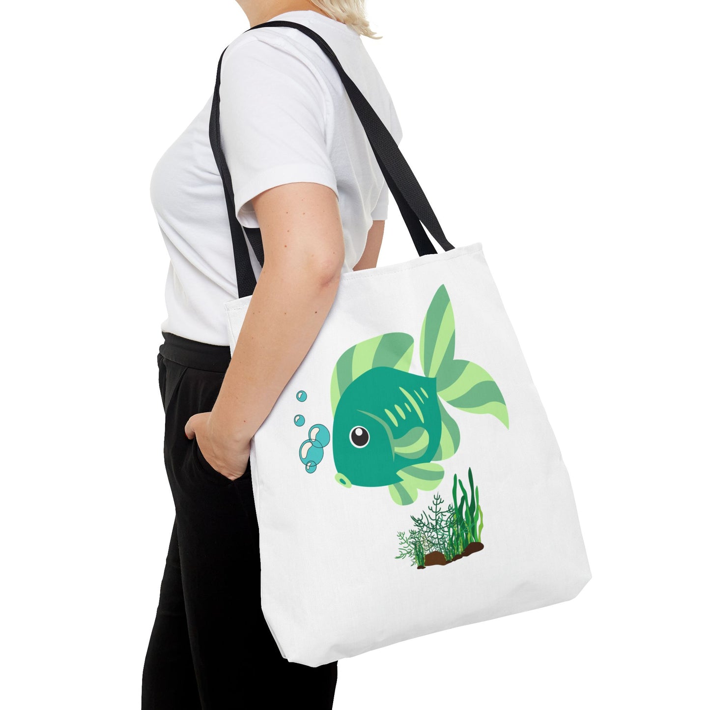 Green fish with bubbles and aquatic plants Tote Bag