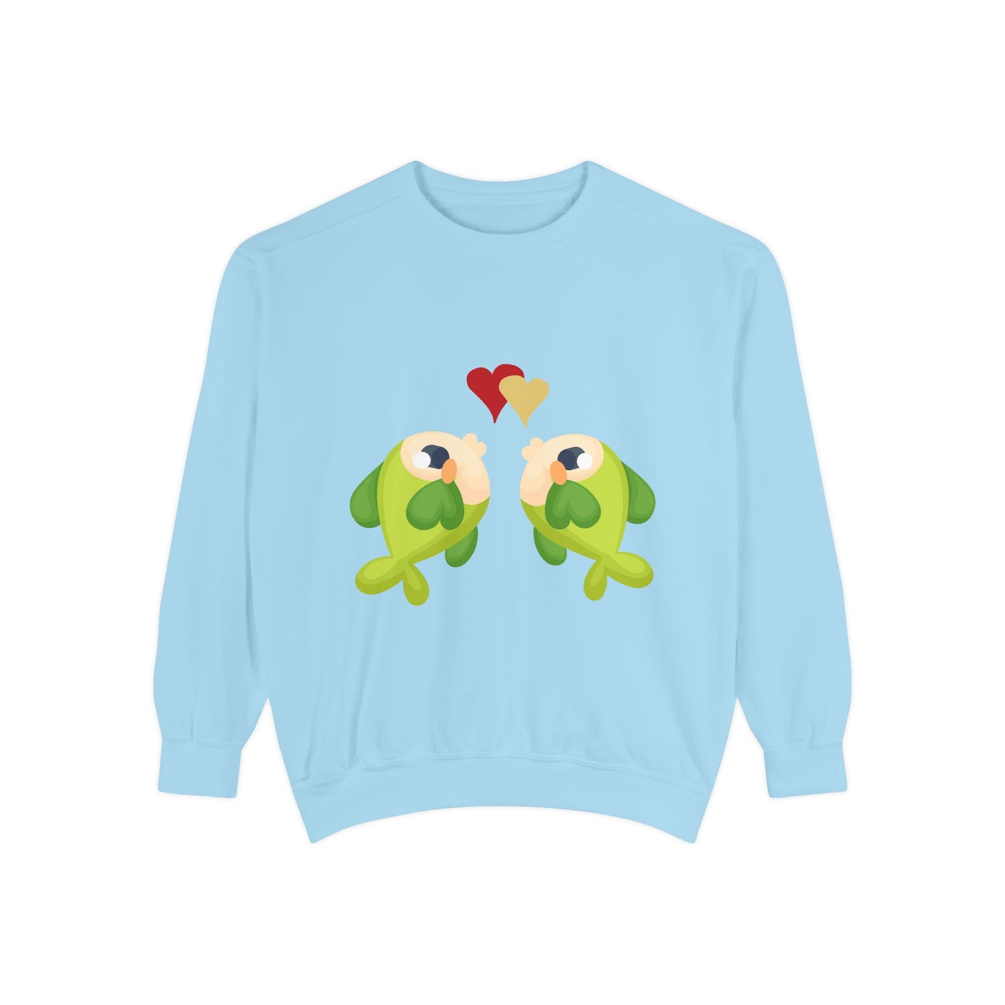 Two hearts float between the fish one red and one yellow Unisex Garment-Dyed Sweatshirt