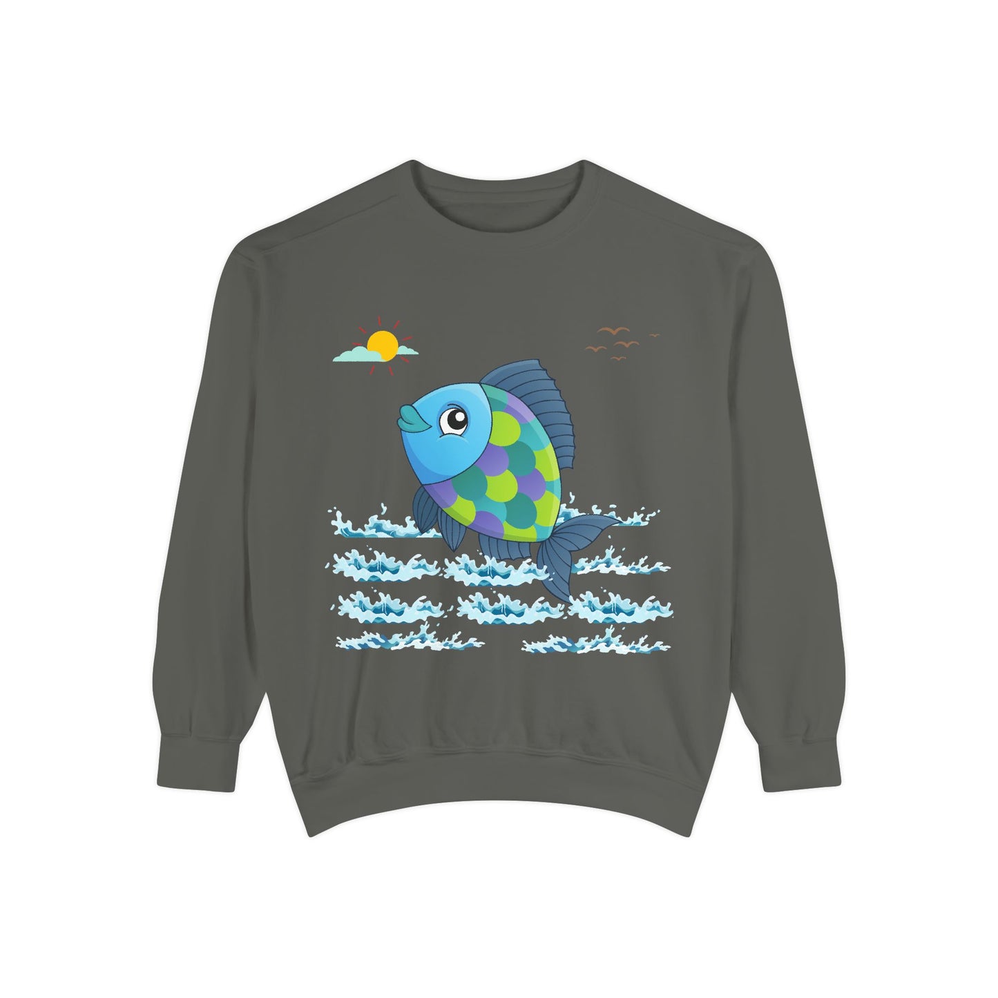 Fish with a sun and birds in the sky above water Unisex Garment-Dyed Sweatshirt