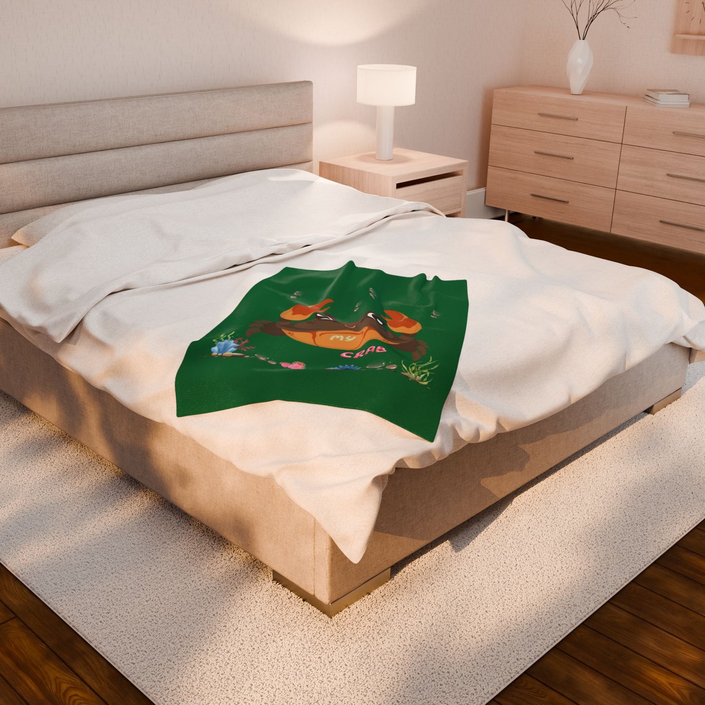 Crab with subtle bubbles and underwater flora Velveteen Plush Blanket