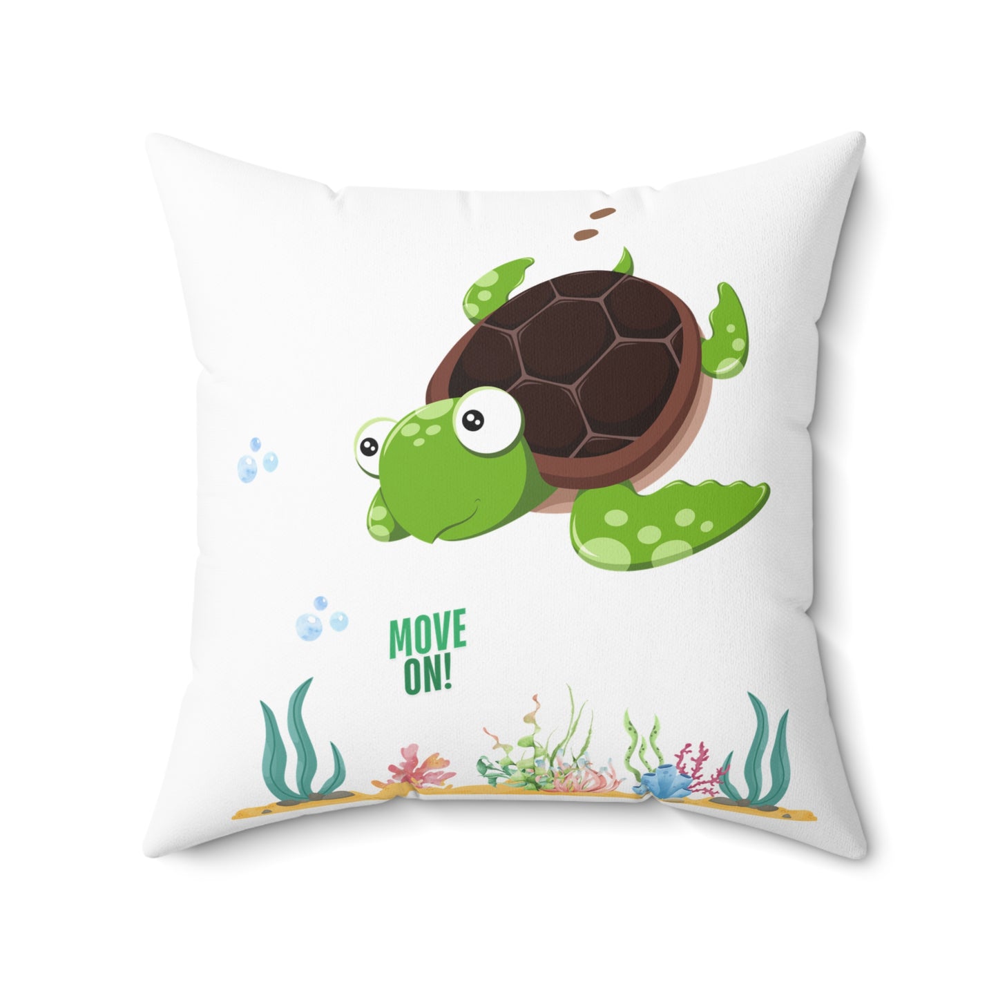 Turtle with seaweed and bubble Spun Polyester Square Pillow