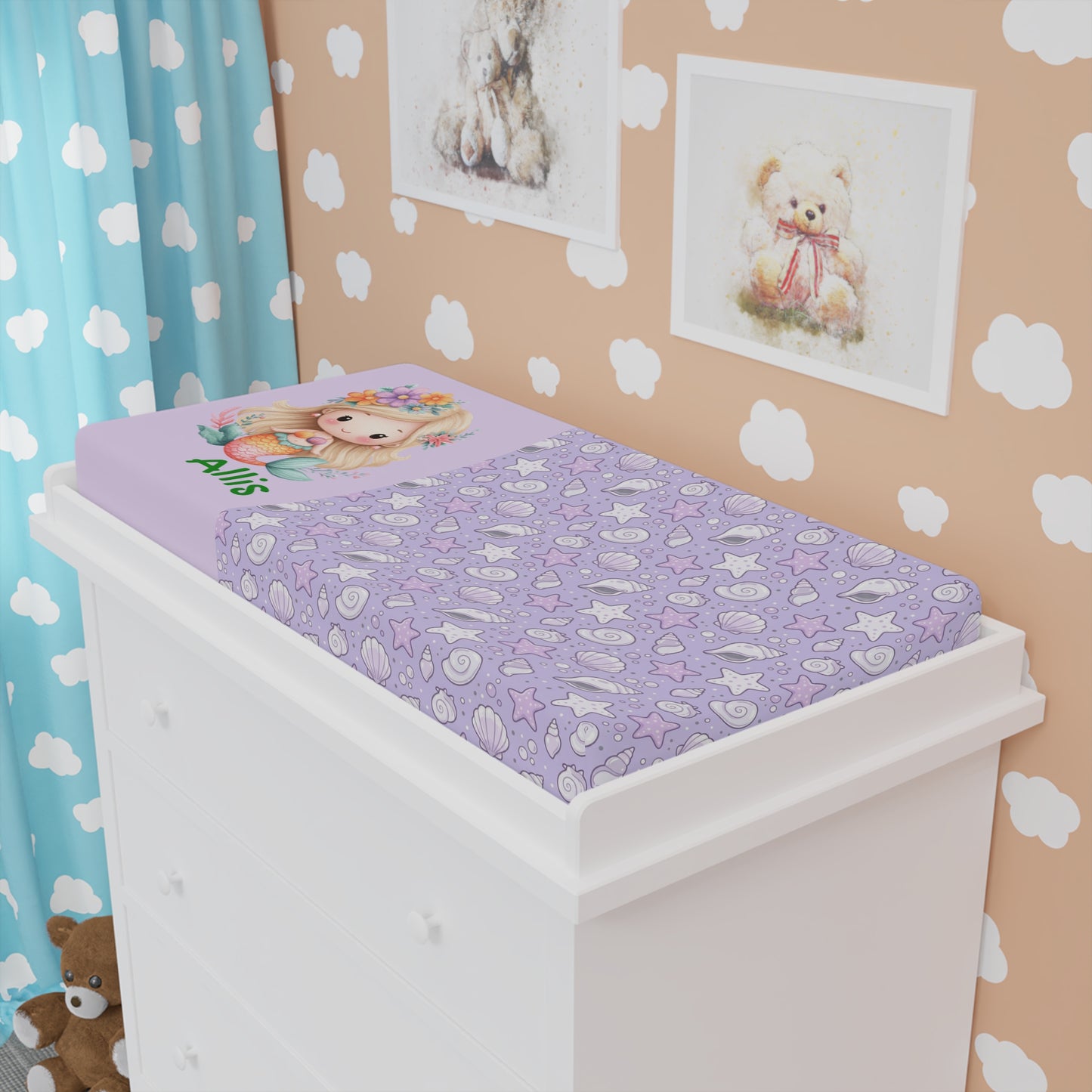 Personalized Purple Mermaid Baby Changing Pad Cover – Cute Seashell & Star Pattern