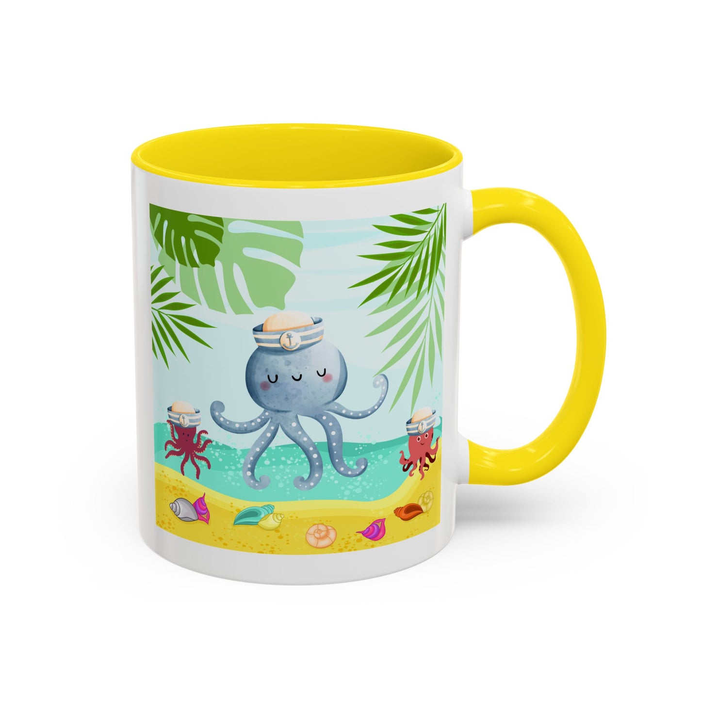 Octopus on a beach scene with tropical Coffee Mug