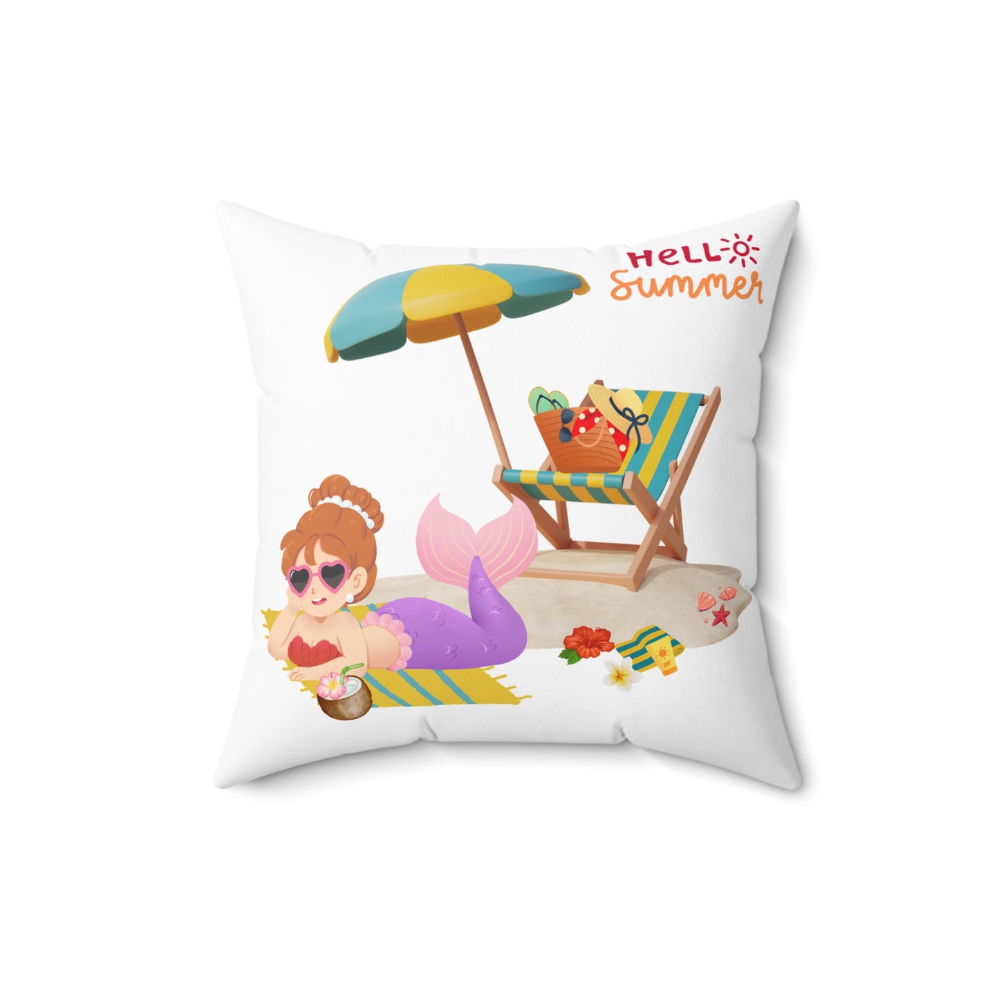 Mermaid lounging on a beach towel Spun Polyester Square Pillow