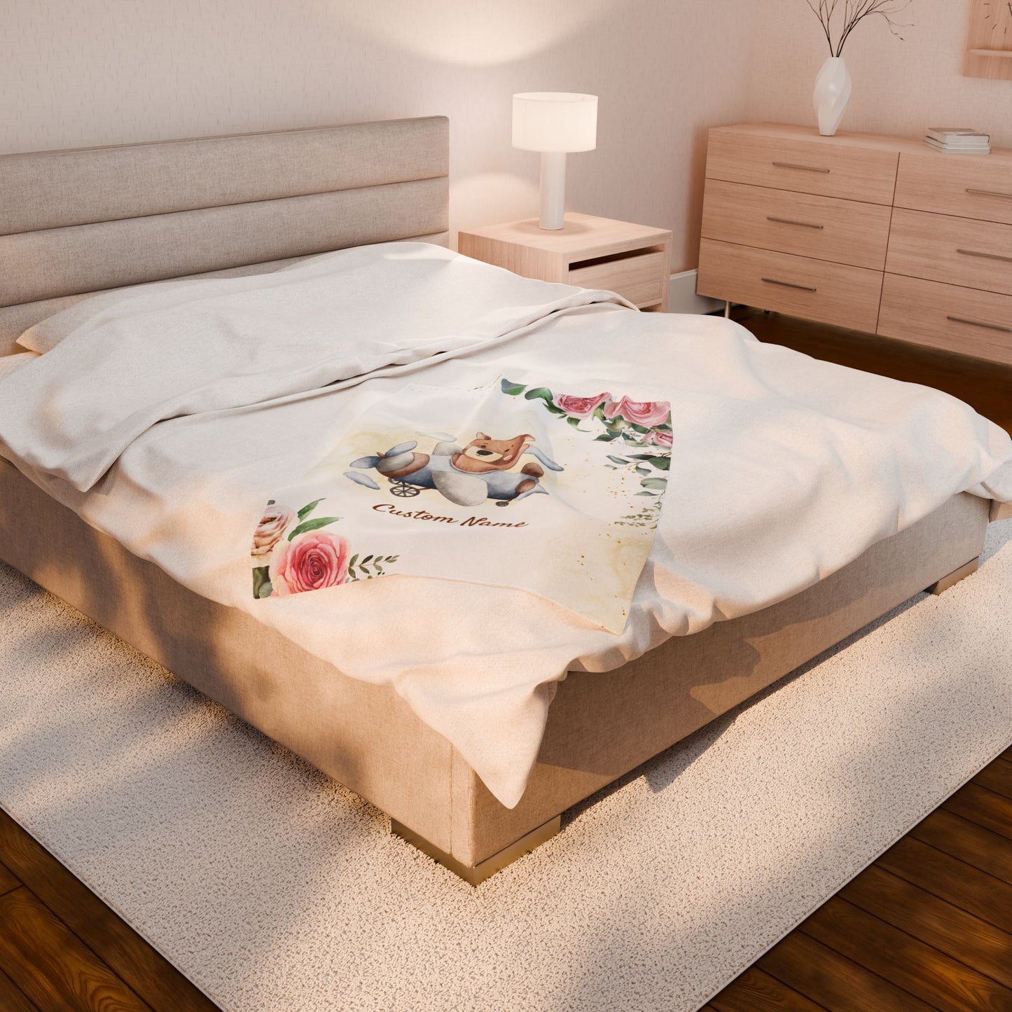 Personalized Velveteen Plush Blanket with Custom Name, Kids Blanket, Nursery Decor, Baby Shower Gift, Floral Bear Design