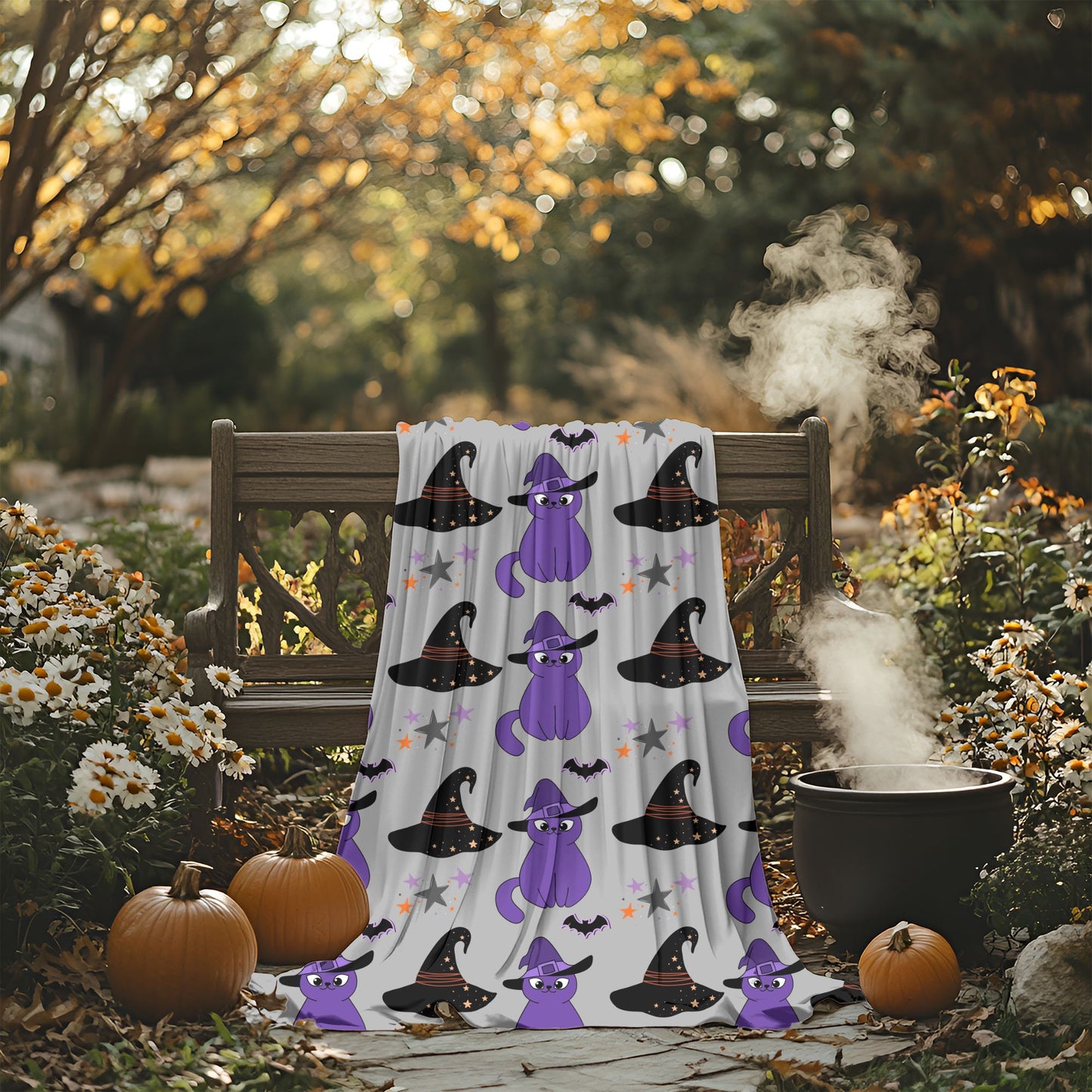 Cozy Halloween Velveteen Plush Blanket - Purple Cat Design, Soft Throw, Fall Decor, Gift for Cat Lovers, Spooky Season