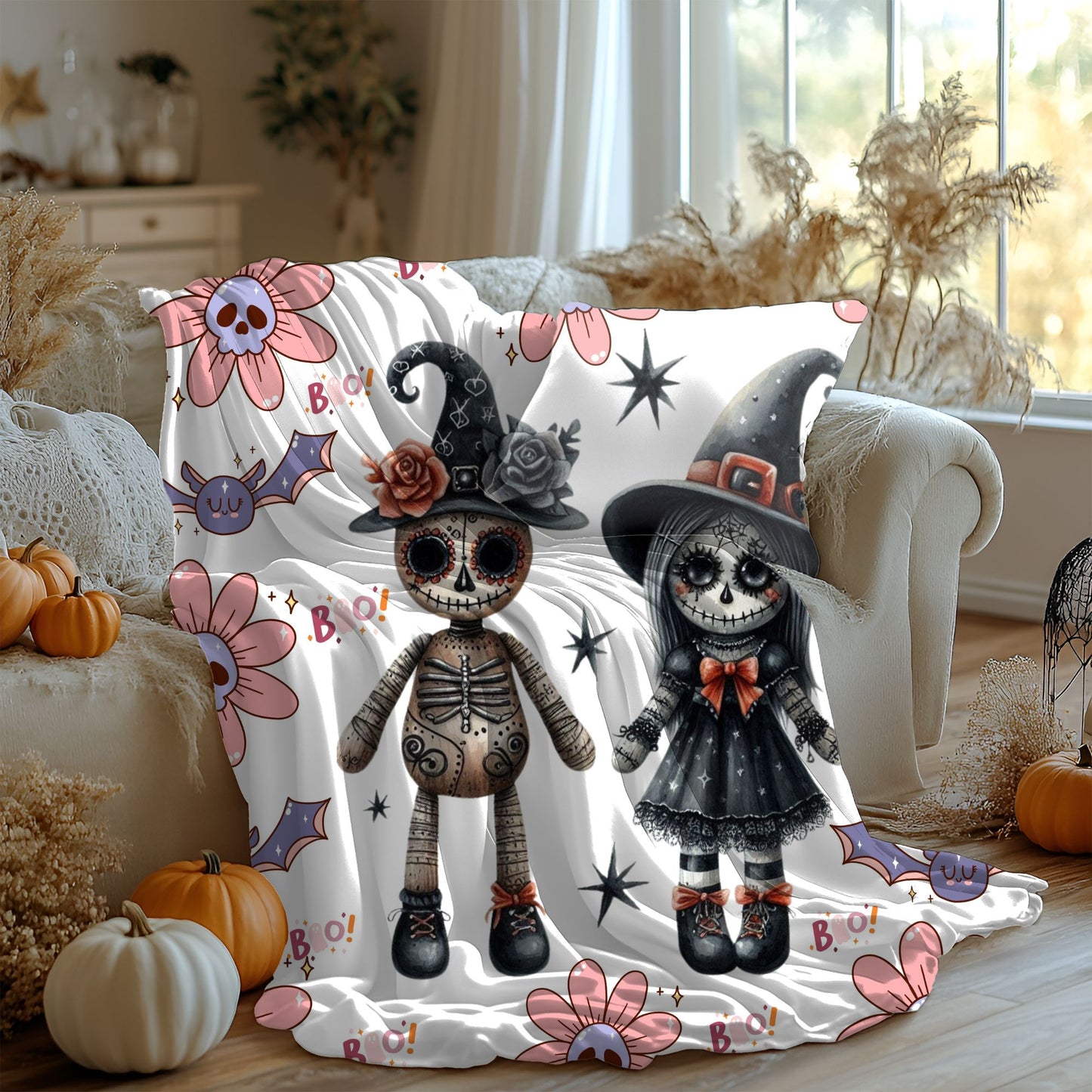 Spooky Floral Velveteen Blanket, Halloween Décor, Cozy Throw, Kids Room Blanket, Soft Throw Blanket, Perfect for Fall