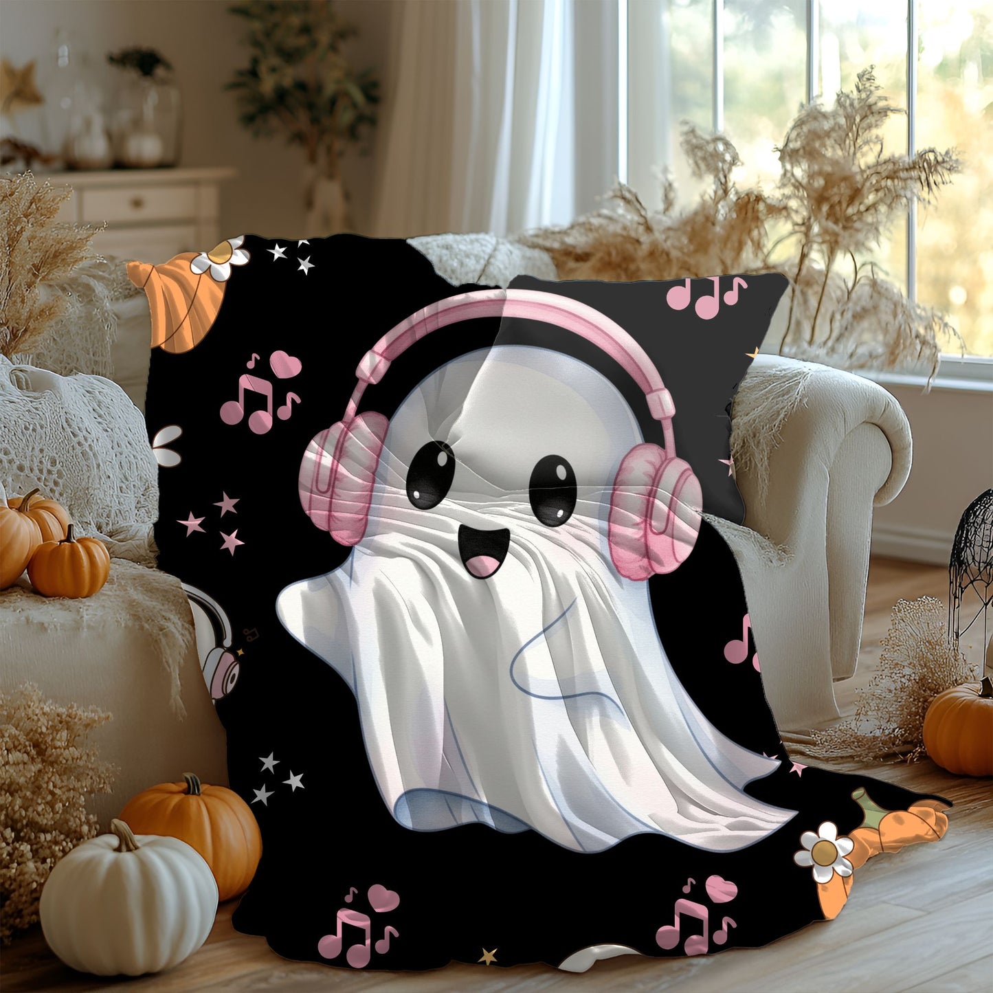 Cozy Halloween Ghost Blanket, Velveteen Plush Throw, Cute Fall Decor, Snuggle Blanket for Kids and Adults, Spooky Season Gift