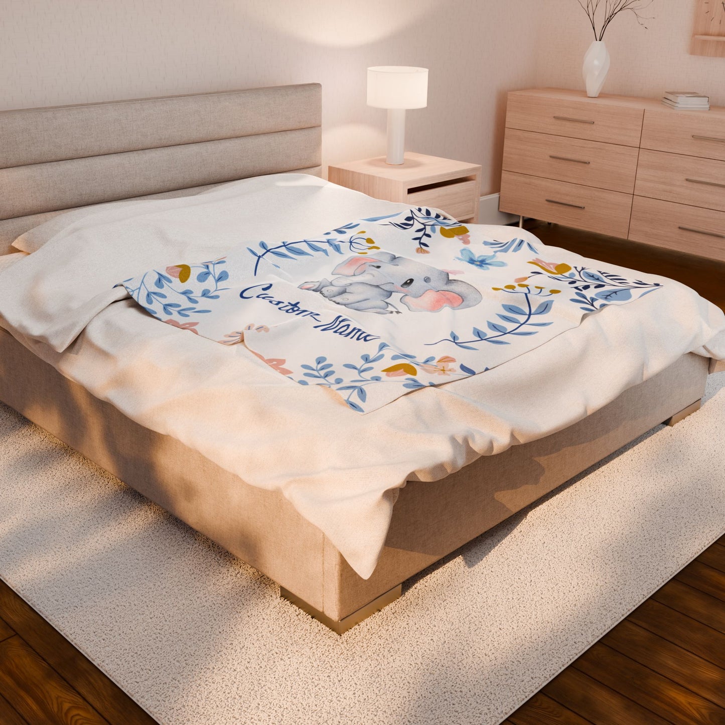 Customizable Velveteen Plush Blanket with Elephant Design, Cozy Throw, Baby Shower Gift, Nursery Decor, Personalized Baby Blanket
