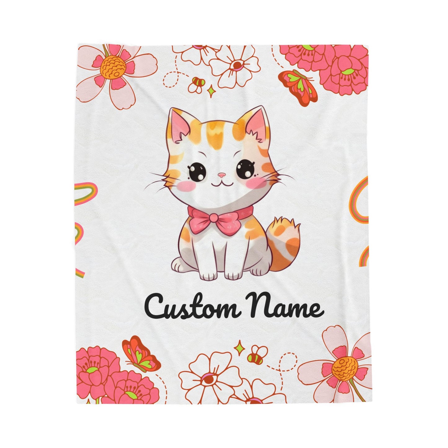Custom Cat Plush Blanket, Personalized Velveteen Blanket for Kids, Cozy Cat Themed Gift, Baby Shower Blanket, Floral Comfort Throw