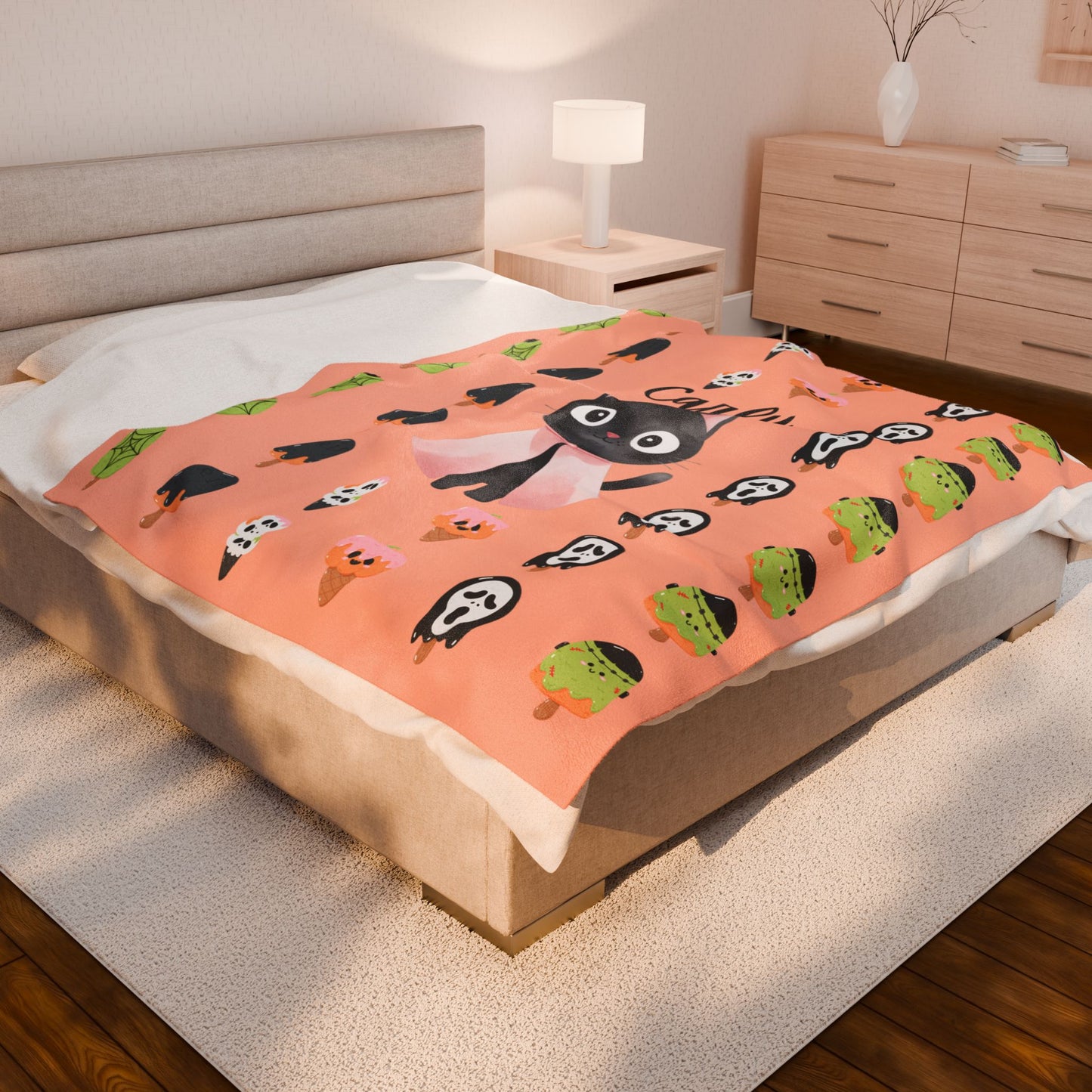 Adorable Personalized Cat Plush Blanket for Kids, Cozy Halloween Blanket, Cute Gift for Cat Lovers, Child's Room Decor, Fleece Throw