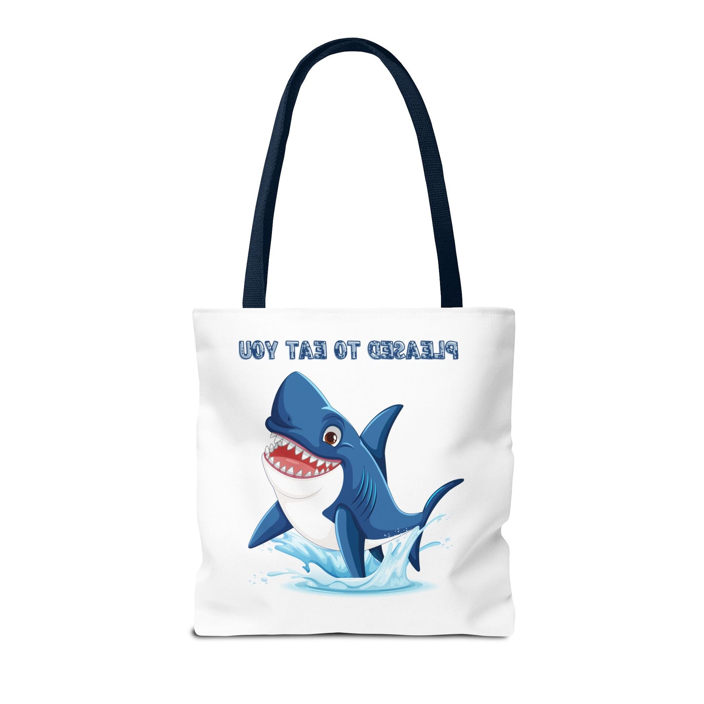 Humorous cartoon shark with threatening text Tote Bag