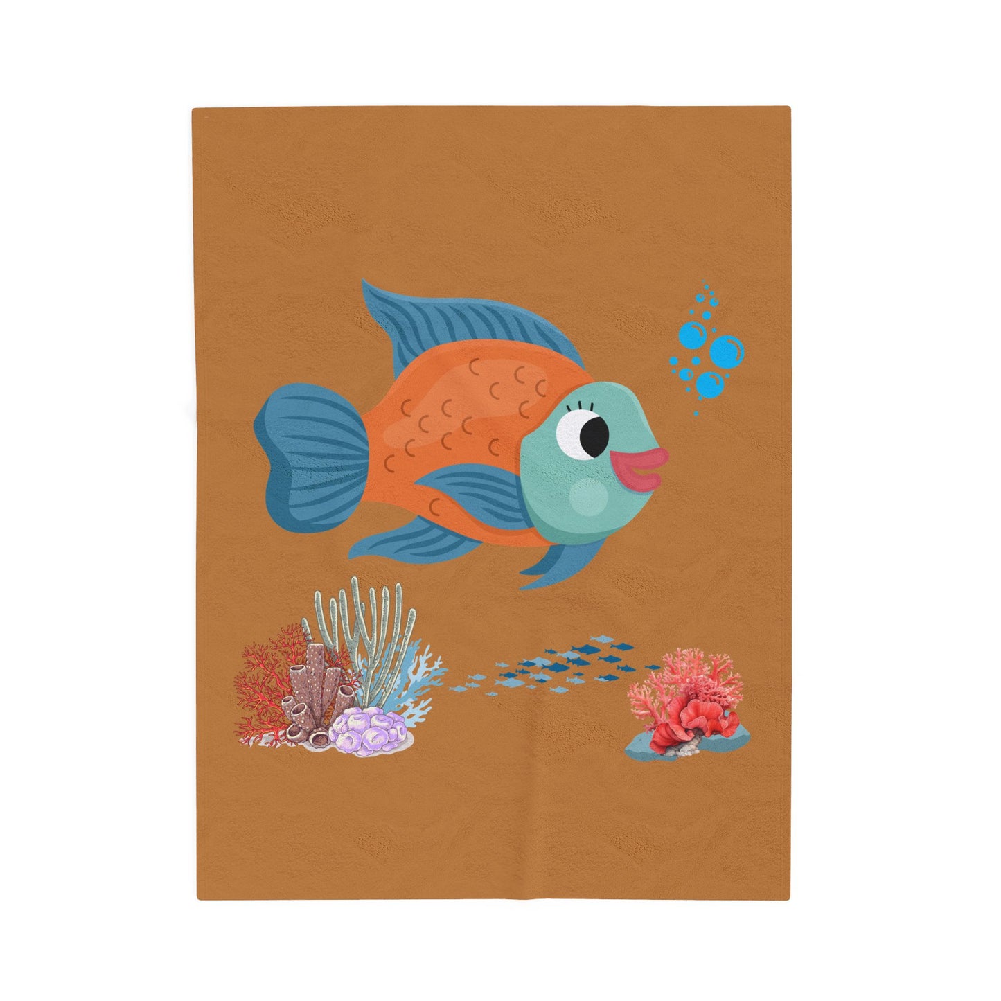 Orange and blue fish with coral and bubble Velveteen Plush Blanket