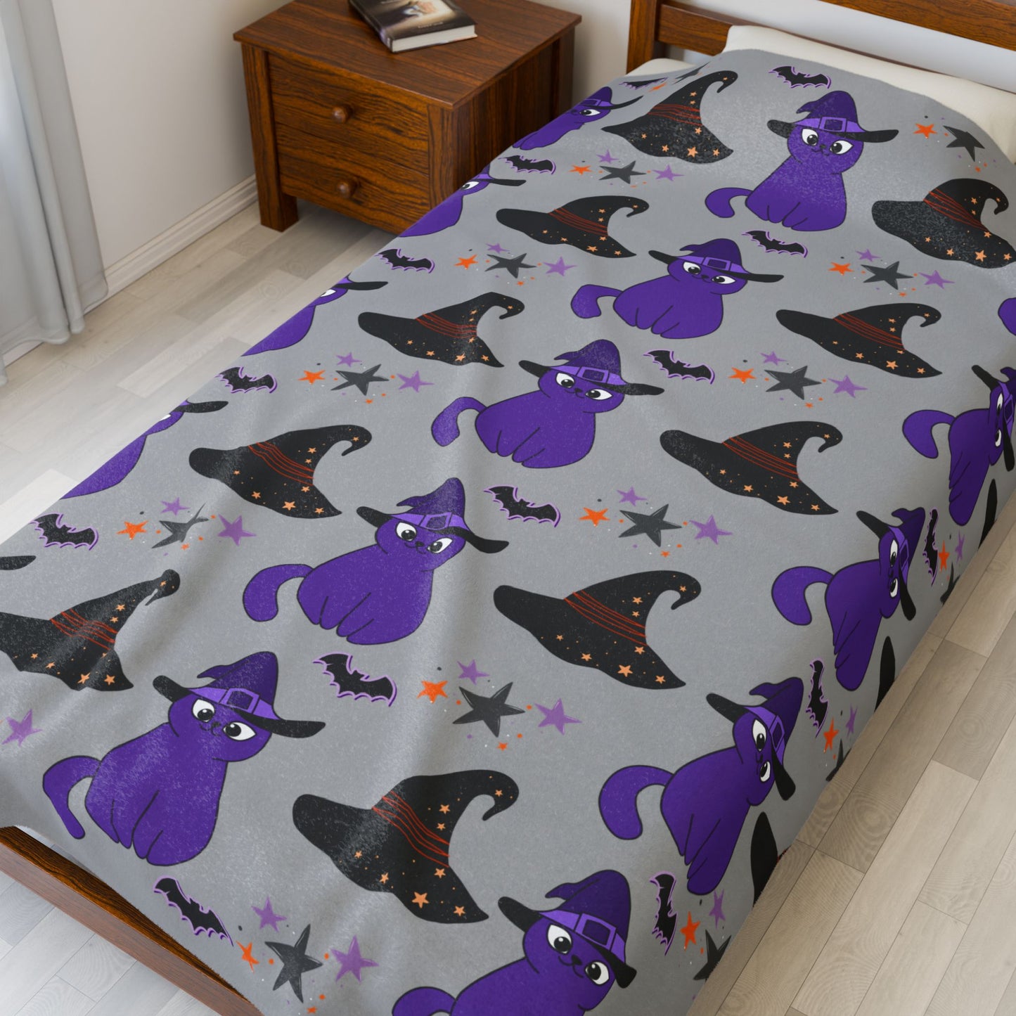 Cozy Halloween Velveteen Plush Blanket - Purple Cat Design, Soft Throw, Fall Decor, Gift for Cat Lovers, Spooky Season