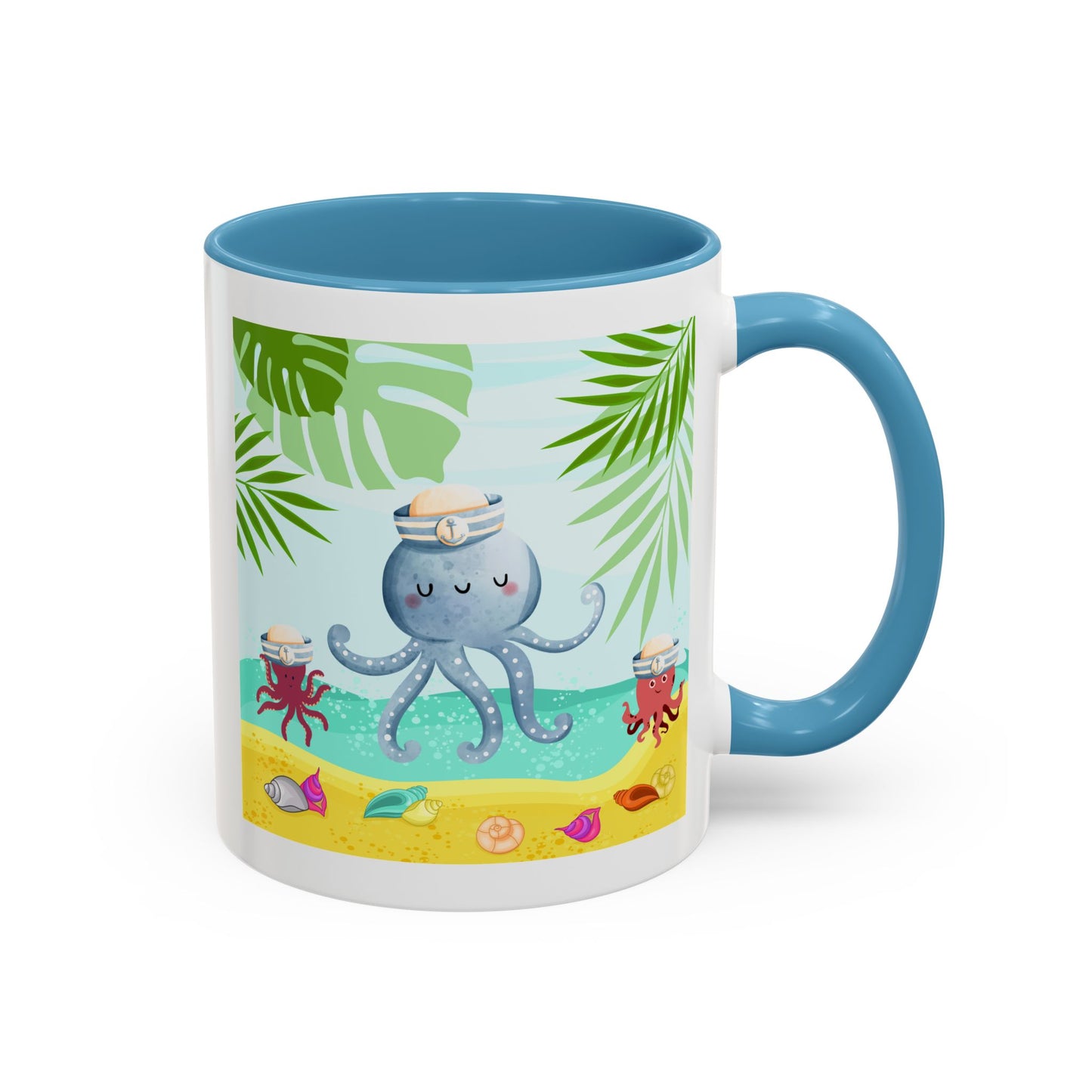 Octopus on a beach scene with tropical Coffee Mug