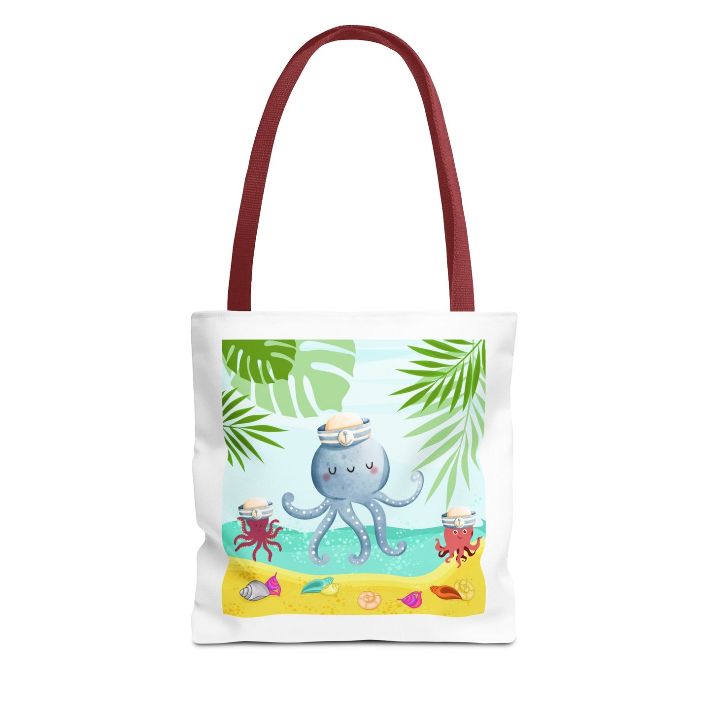 Octopus on a beach scene with tropical Tote Bag
