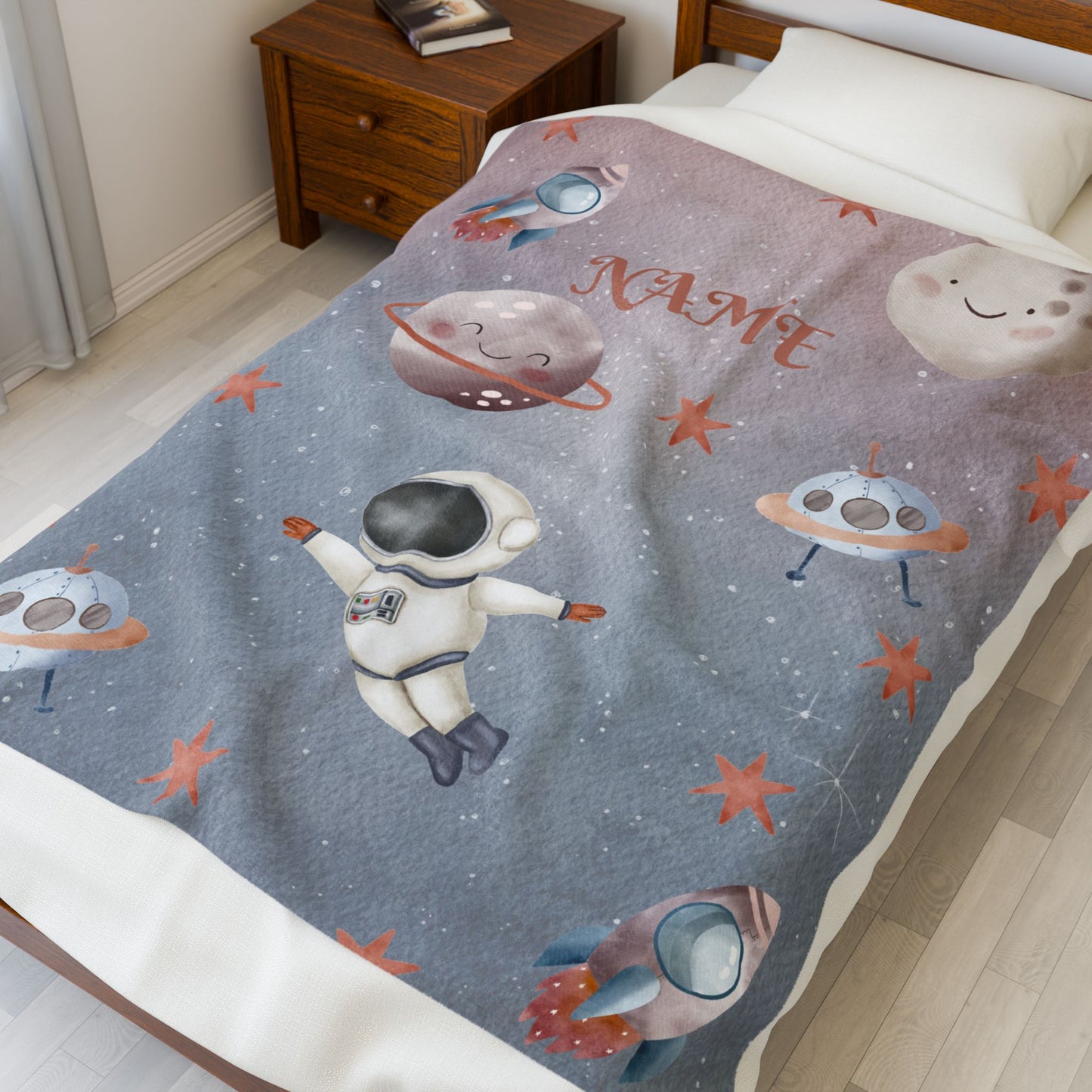 Personalized Space-Themed Velveteen Plush Blanket, Cozy Kids Blanket, Astronaut Decor, Custom Baby Shower Gift, Soft Throw Blanket