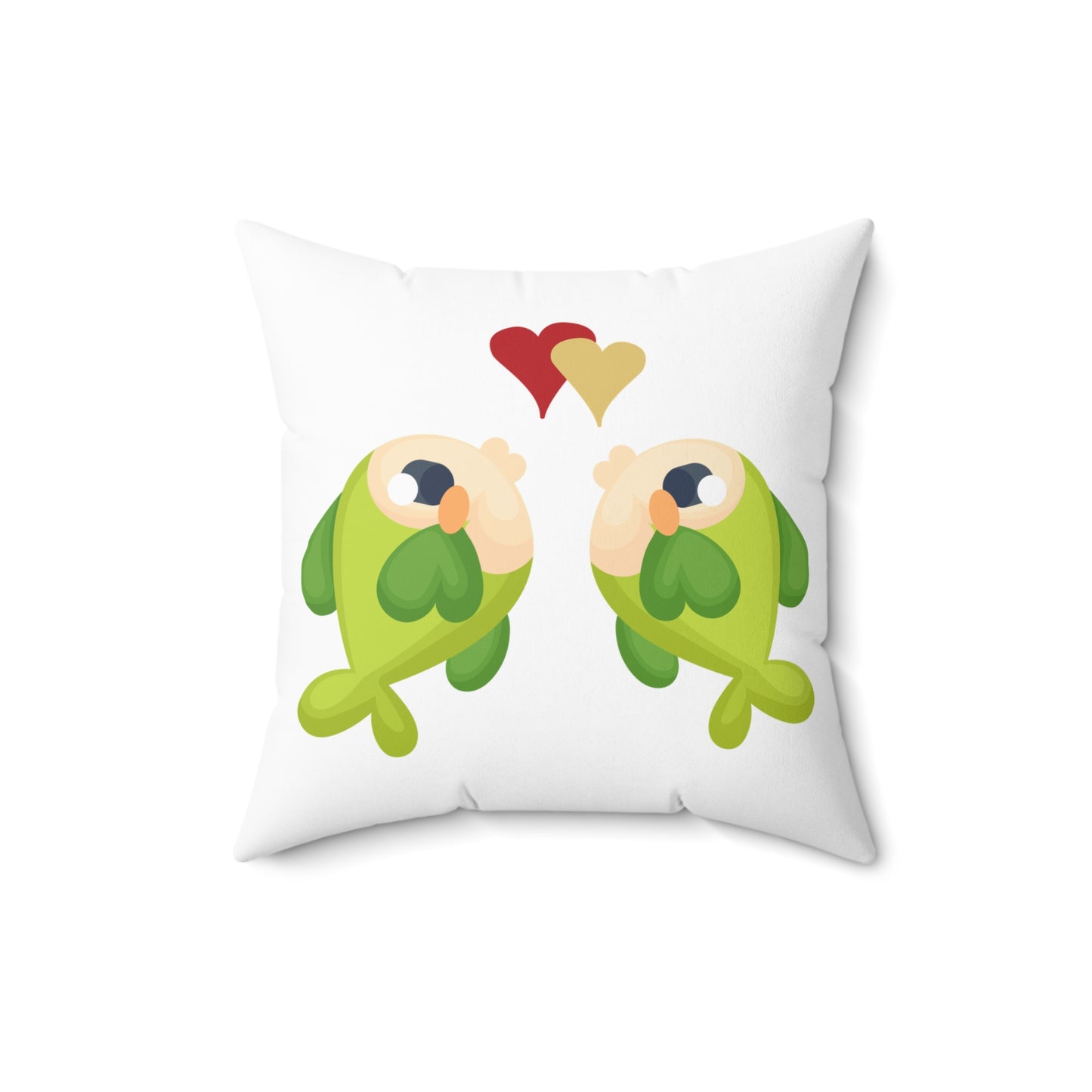 Two hearts float between the fish one red and one yellow Spun Polyester Square Pillow