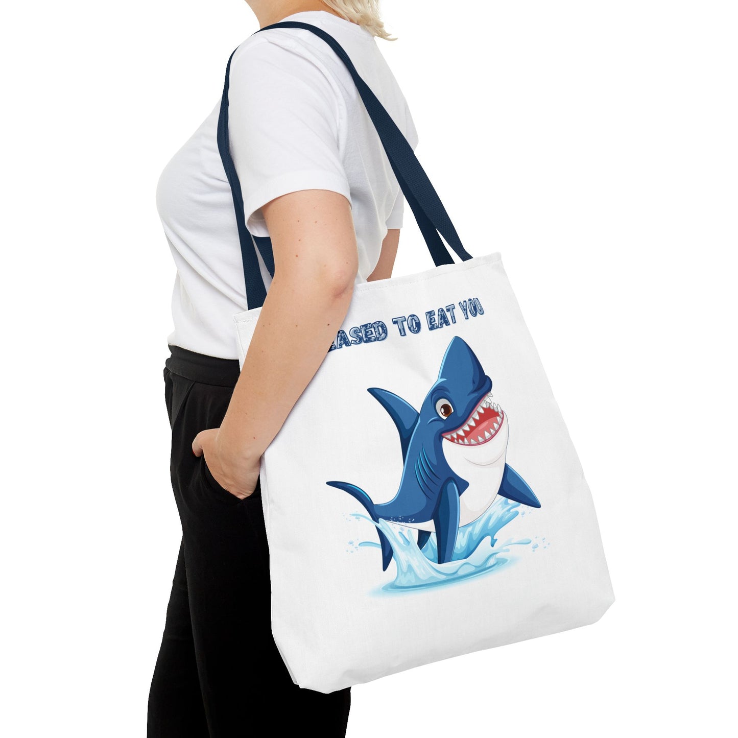 Humorous cartoon shark with threatening text Tote Bag