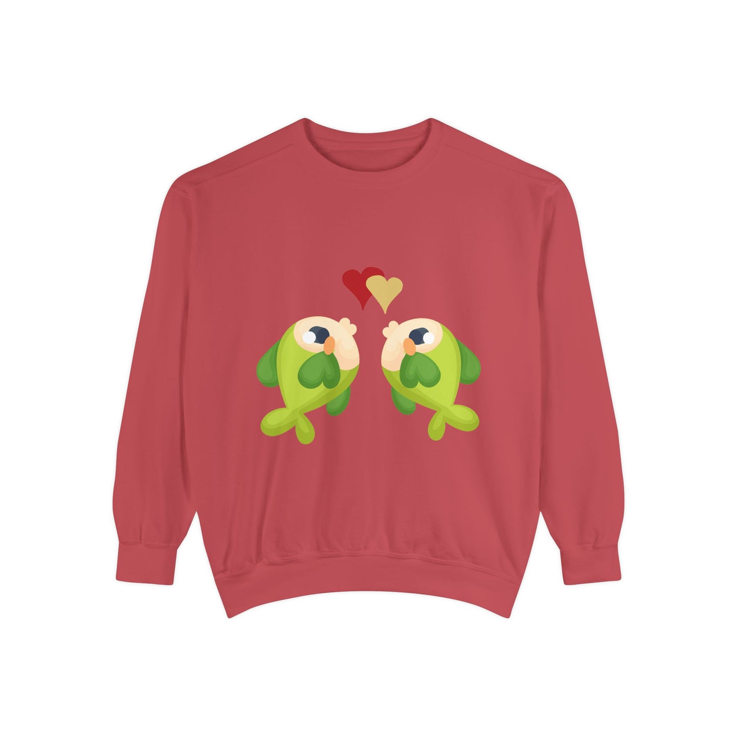 Two hearts float between the fish one red and one yellow Unisex Garment-Dyed Sweatshirt