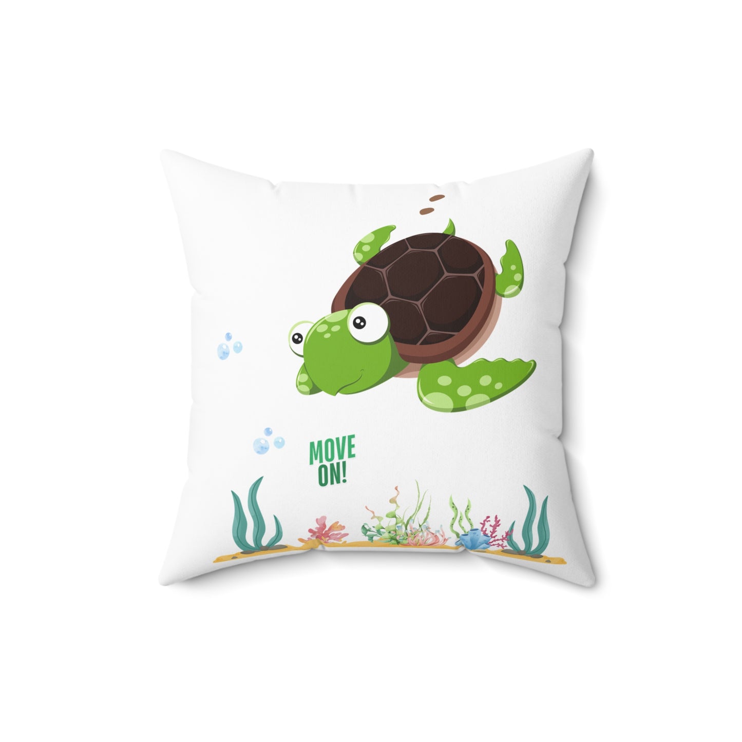 Turtle with seaweed and bubble Spun Polyester Square Pillow