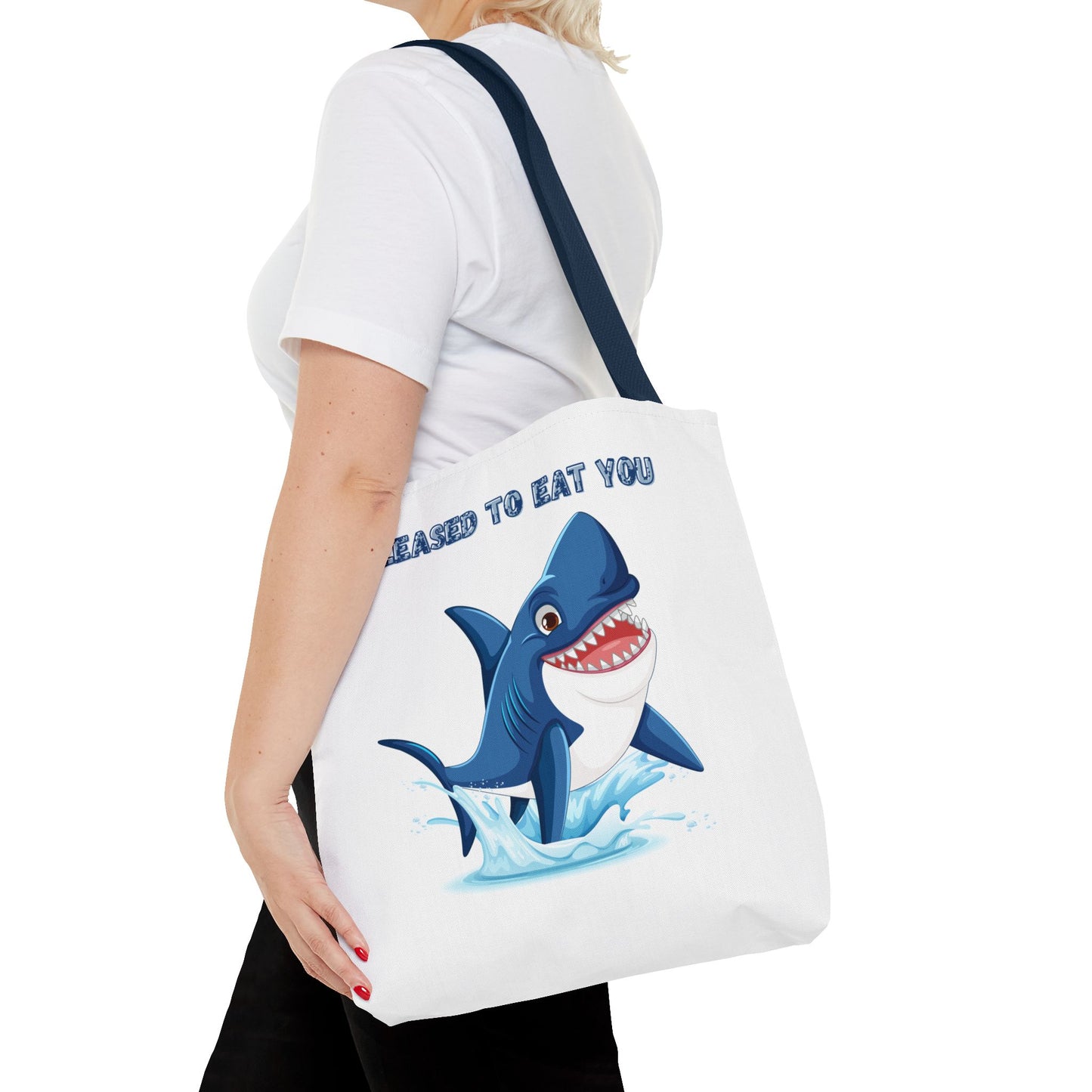 Humorous cartoon shark with threatening text Tote Bag