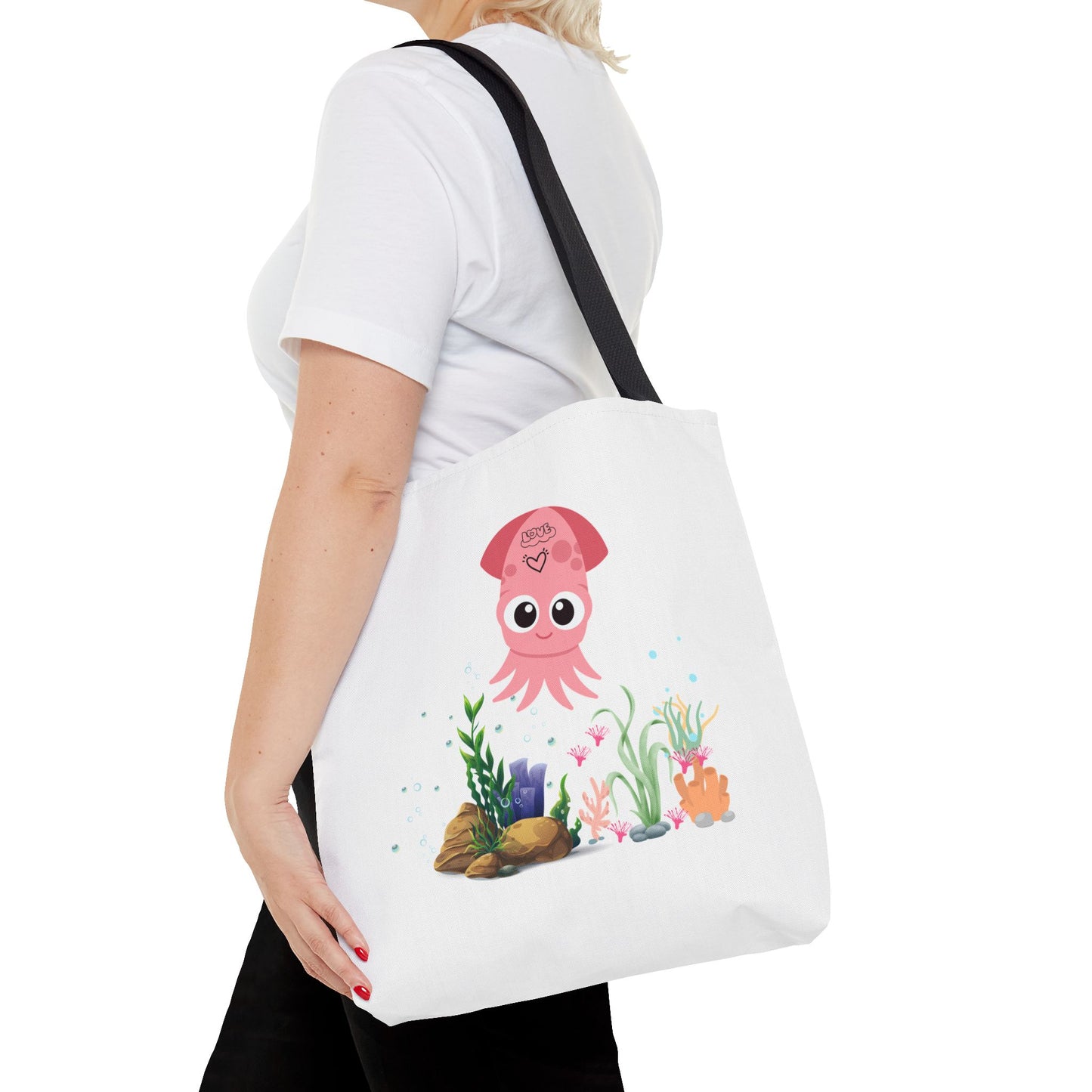 Pink squid cartoon with love Tote Bag