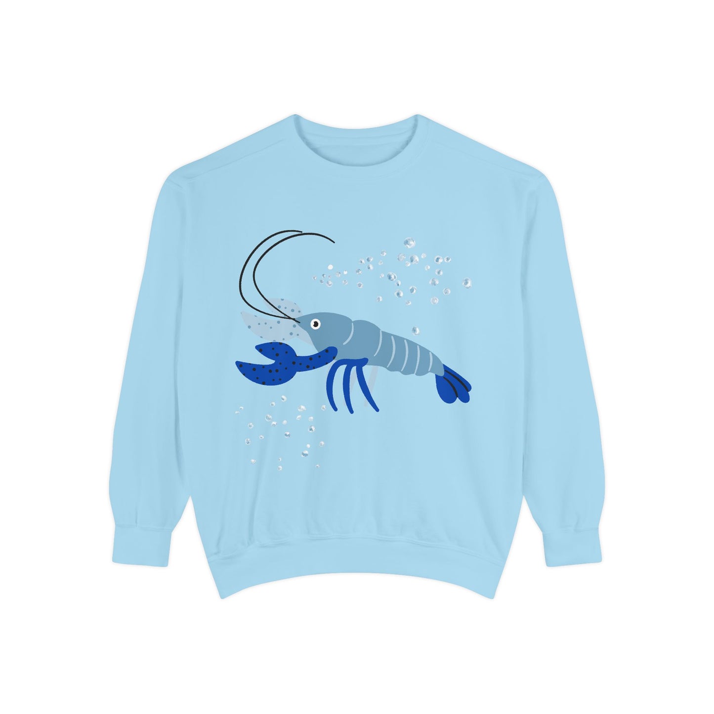Blue shrimp with dark blue claws and bubbles Unisex Garment-Dyed Sweatshirt