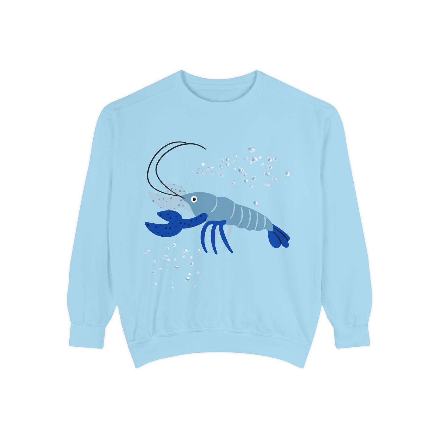 Blue shrimp with dark blue claws and bubbles Unisex Garment-Dyed Sweatshirt