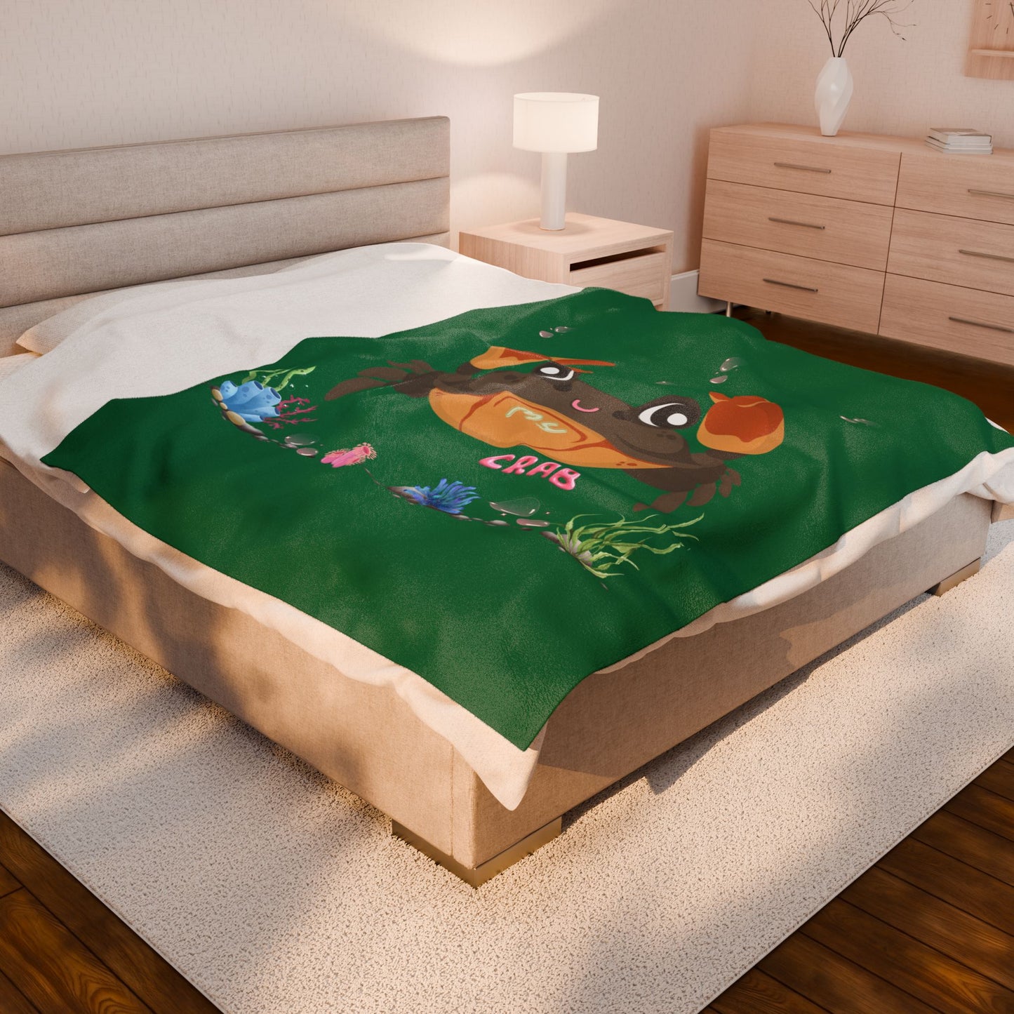 Crab with subtle bubbles and underwater flora Velveteen Plush Blanket