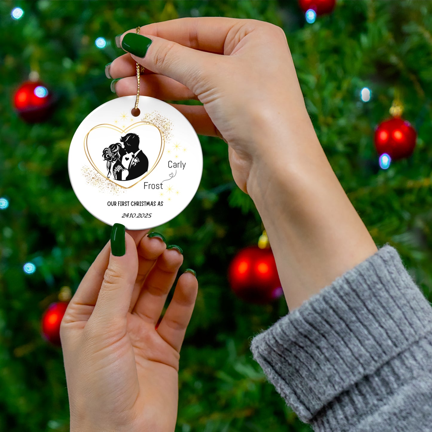 Personalized Wedding Ornament, First Christmas Together, Couples Gift, Ceramic Tree Decor, Heart Shape Keepsake