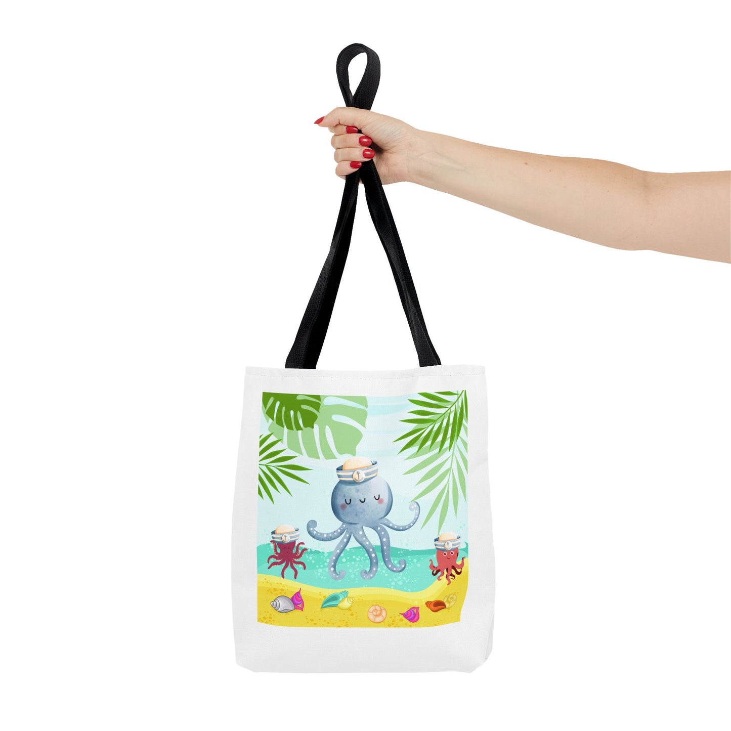 Octopus on a beach scene with tropical Tote Bag