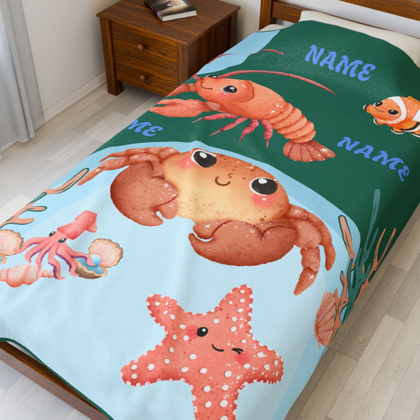 Personalized Ocean-Themed Velveteen Plush Blanket, Kids Beach Decor, Custom Name Gift, Nursery Room Accessories, Sea Life Throw