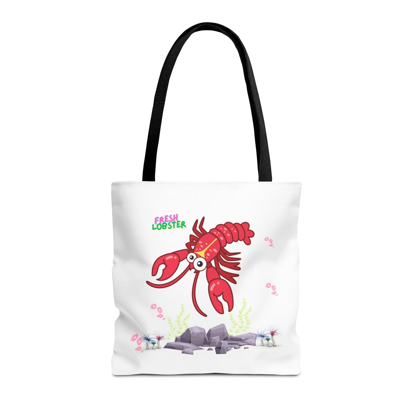 Friendly red lobster big eyes and yellow strip Tote Bag
