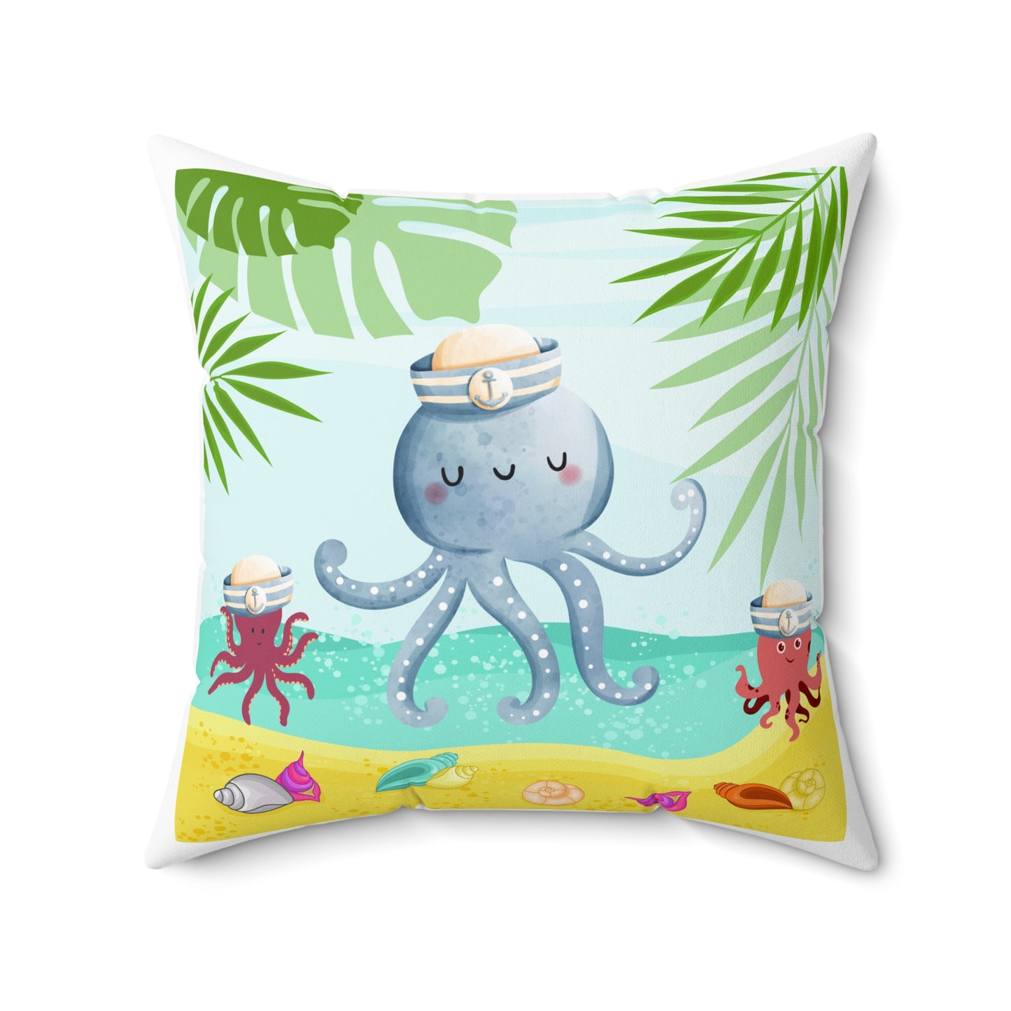 Octopus on a beach scene with tropical Spun Polyester Square Pillow