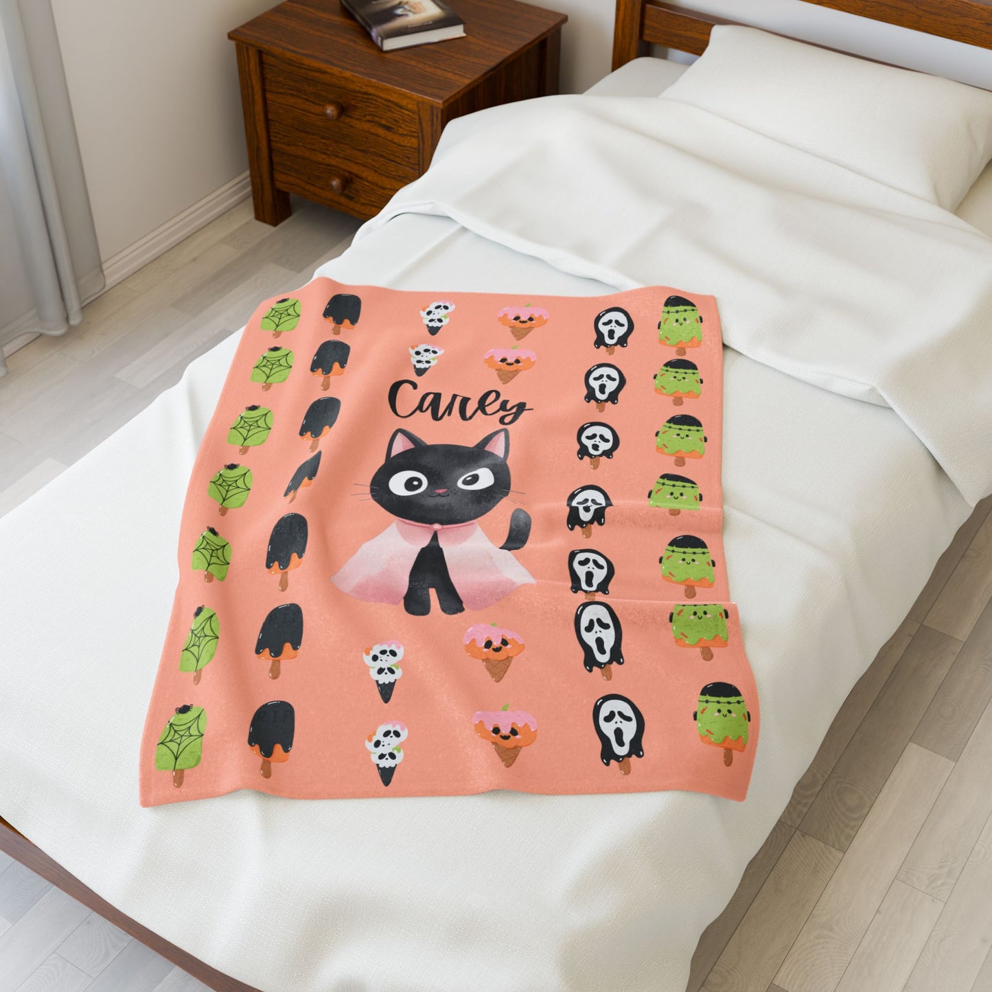 Adorable Personalized Cat Plush Blanket for Kids, Cozy Halloween Blanket, Cute Gift for Cat Lovers, Child's Room Decor, Fleece Throw