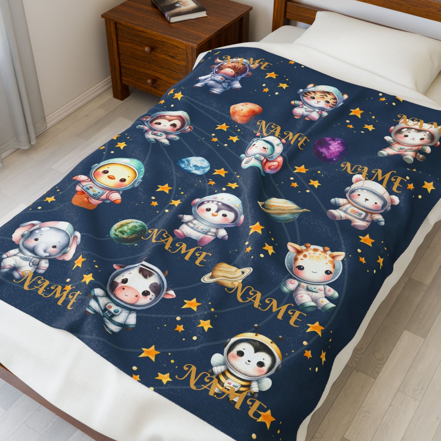 Personalized Space-Themed Velveteen Plush Blanket, Cozy Baby Gift, Celestial Nursery Decor, Custom Name Blanket, Soft Children's Throw