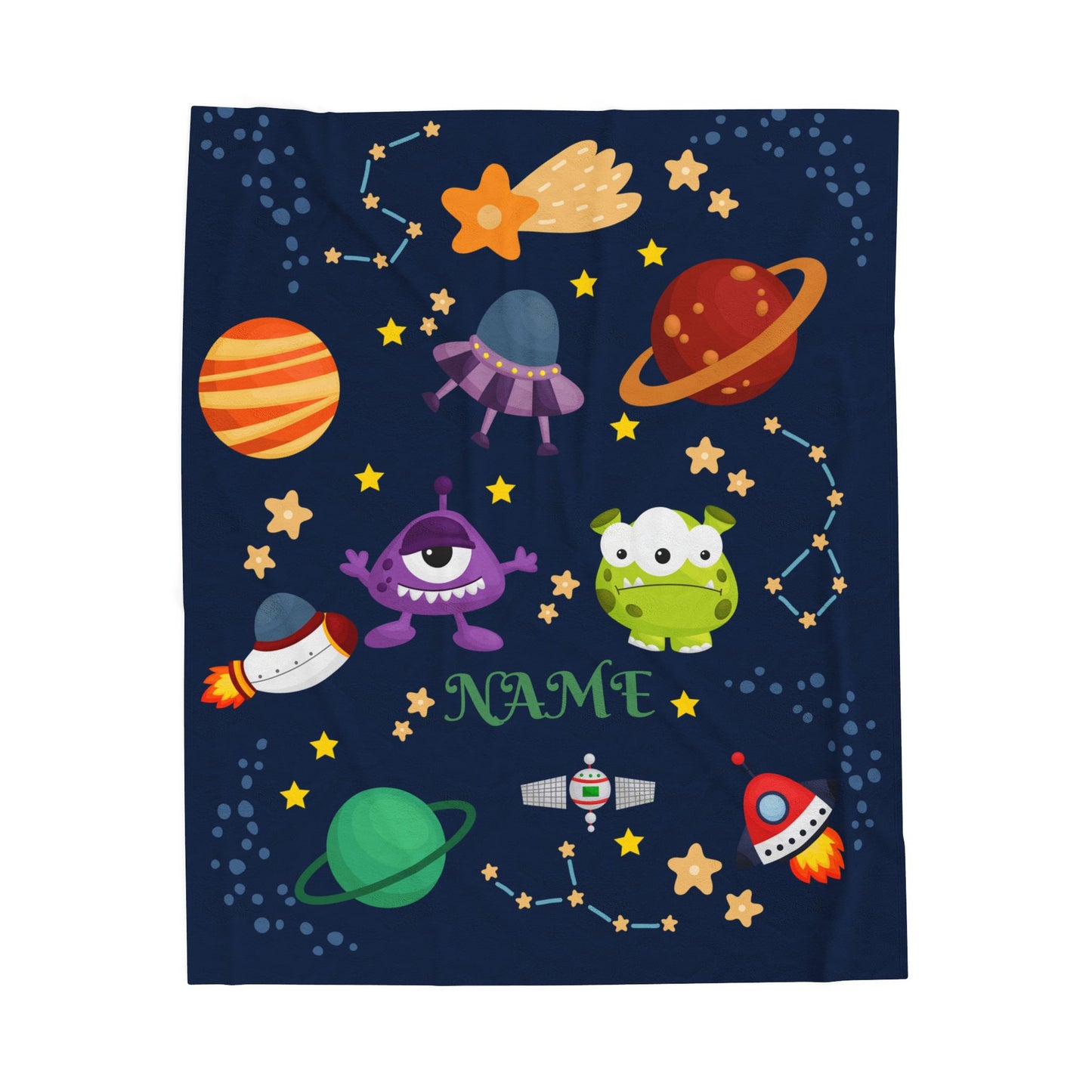 Cosmic Monsters Plush Blanket, Personalized Space Blanket, Kids Bedroom Decor, Gift for Space Lovers, Soft and Cozy Throw