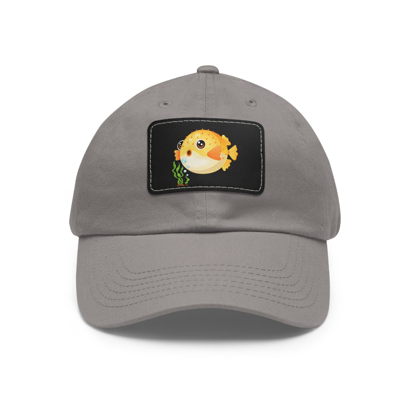 Cartoon Pufferfish with seaweed Dad Hat with Leather Patch (Rectangle)