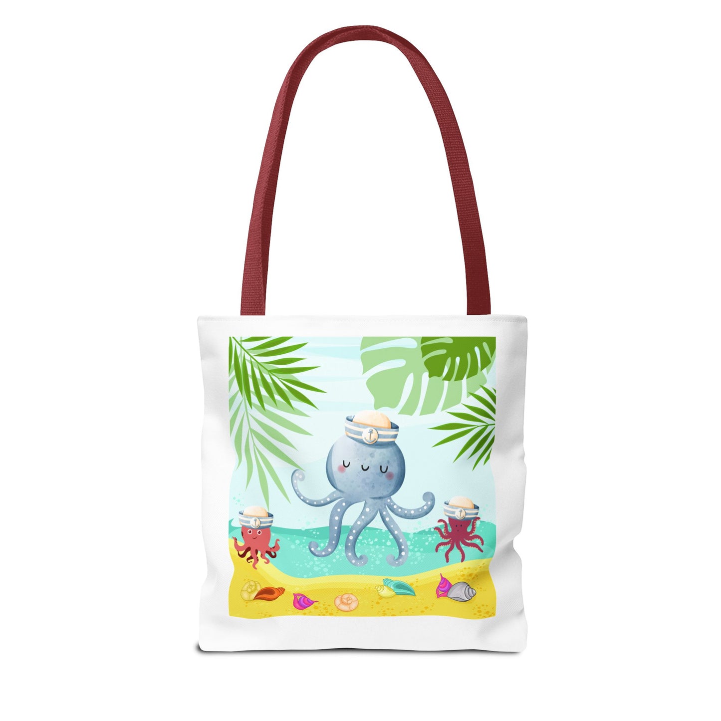 Octopus on a beach scene with tropical Tote Bag
