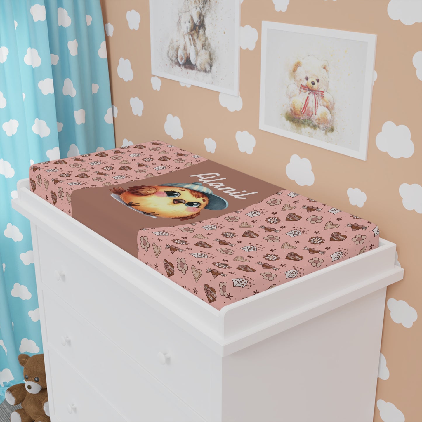 Personalized Pink Chick Baby Changing Pad Cover – Cute Floral & Heart Pattern